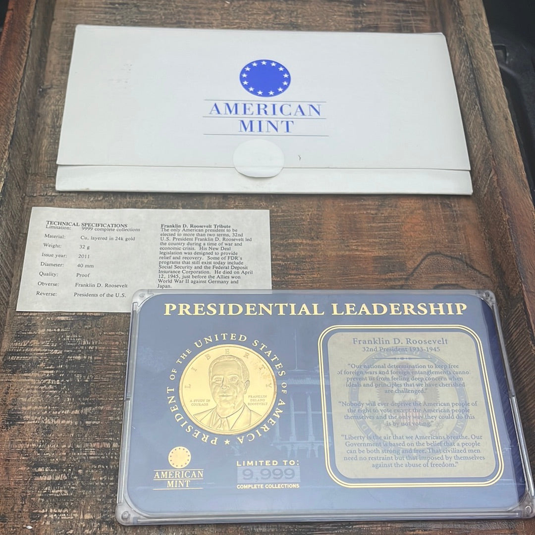 2011 Presidential Leadership Franklin D. Roosevelt Commemorative Coin, American Mint, Layered in 24K Gold, in OGP with COA