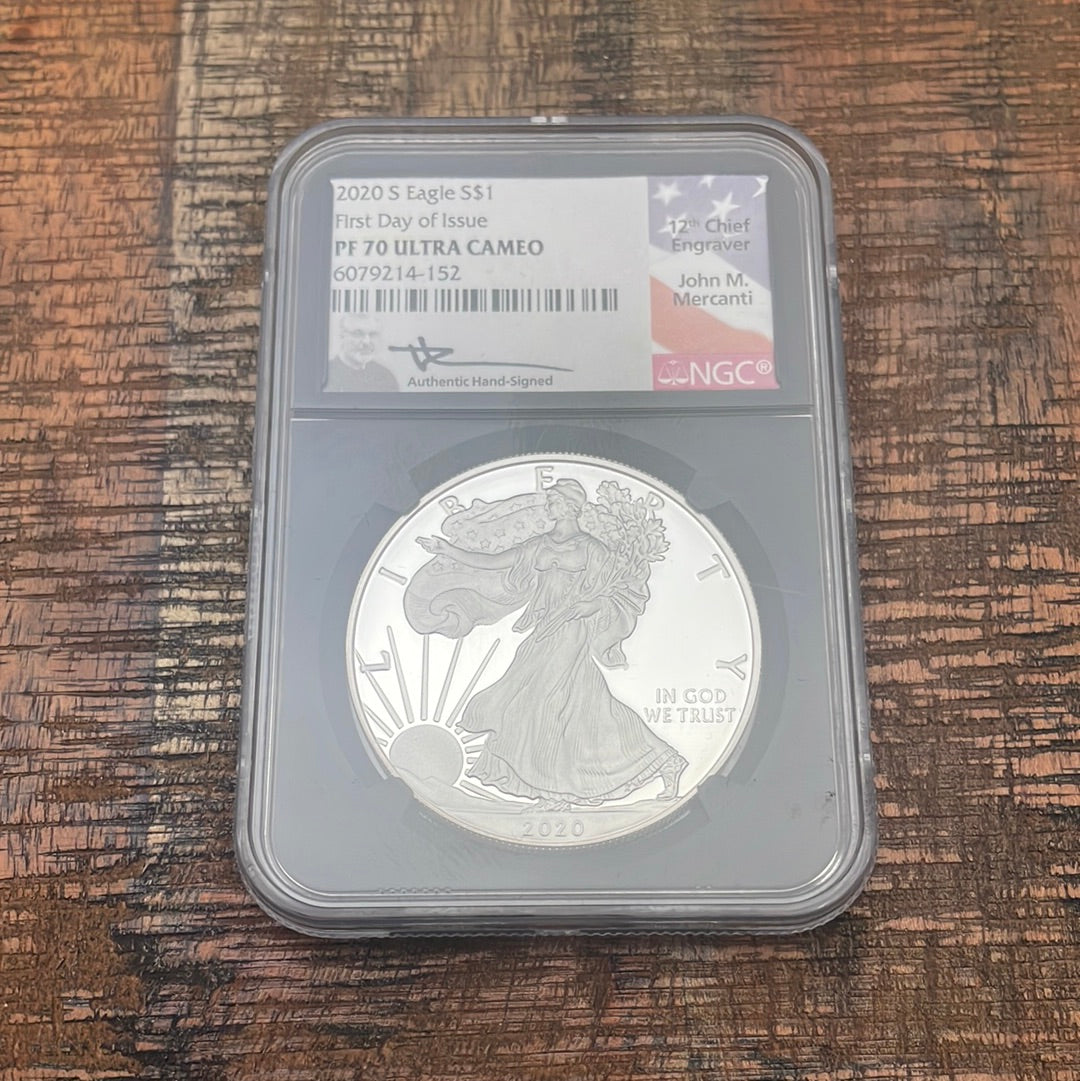 2020-S $1 US American Silver Eagle~FDOI~ NGC PF 70 Ultra Cameo~ Mercanti Signed