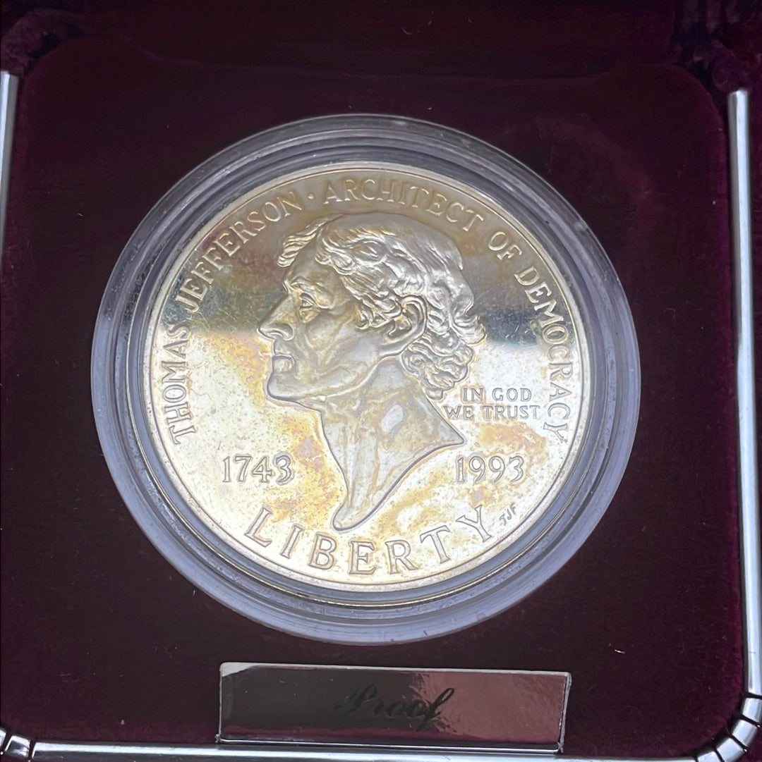 1993 $1 US Thomas Jefferson 250th Anniversary Silver Dollar-Proof Coin in OGP
