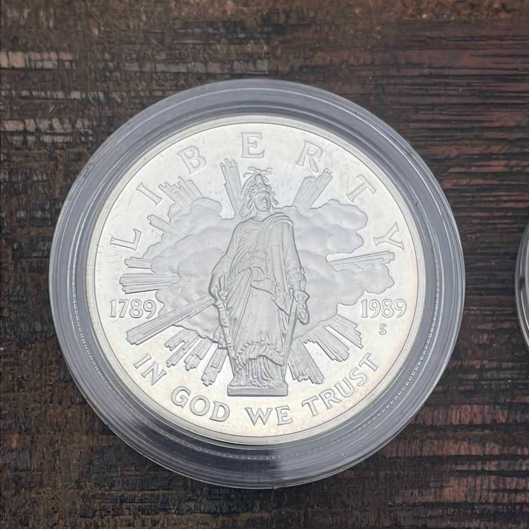 1989 - US Mint 2 Coin Proof Set Congressional Commemorative Coins, One Silver Dollar & One Half Dollar-Proof Coin in OGP