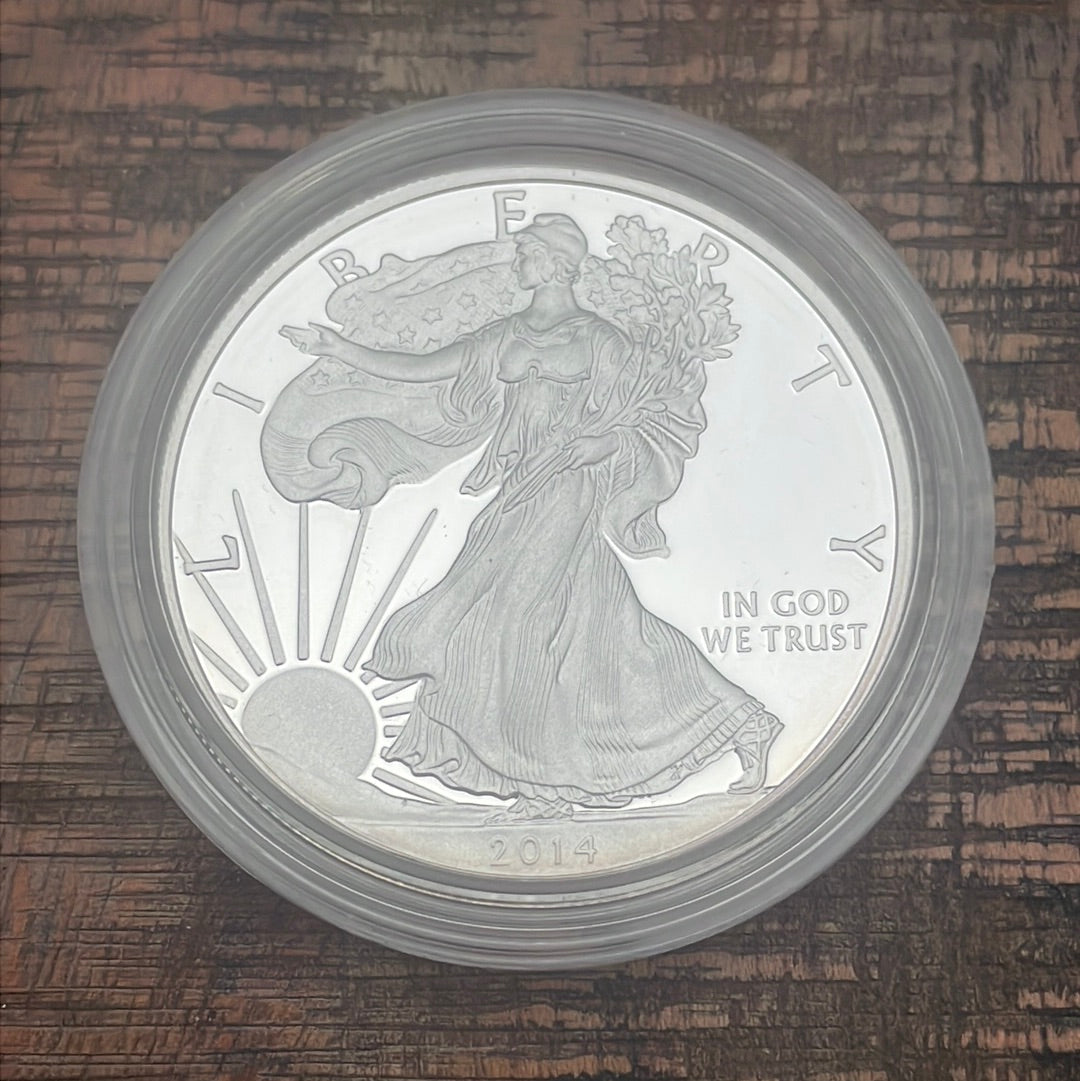 2014-W $1 US American Silver Eagle Proof Coin~Capsule, Presentation Case, Box, with COA.