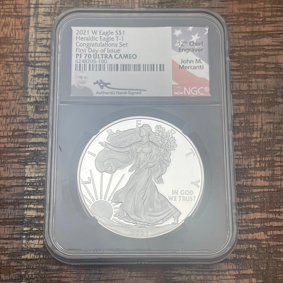 2021-W $1 US American Silver Eagle~ Heraldic Eagle T-1~ Congratulations Set~ FDOI~ NGC PF70 Ultra Cameo ~ Mercanti Signed