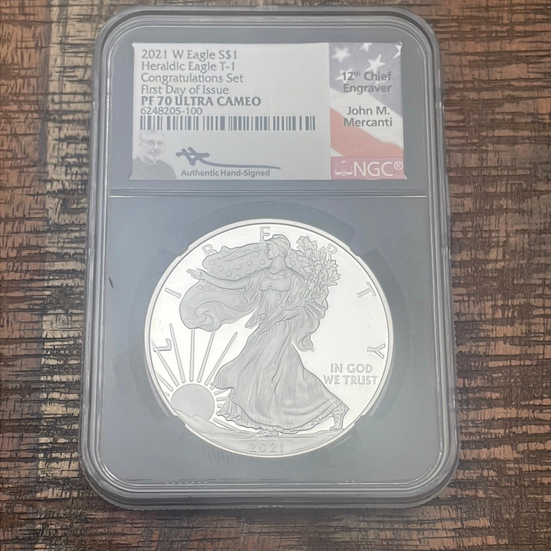 2021-W $1 US American Silver Eagle~ Heraldic Eagle T-1~ Congratulations Set~ FDOI~ NGC PF70 Ultra Cameo ~ Mercanti Signed