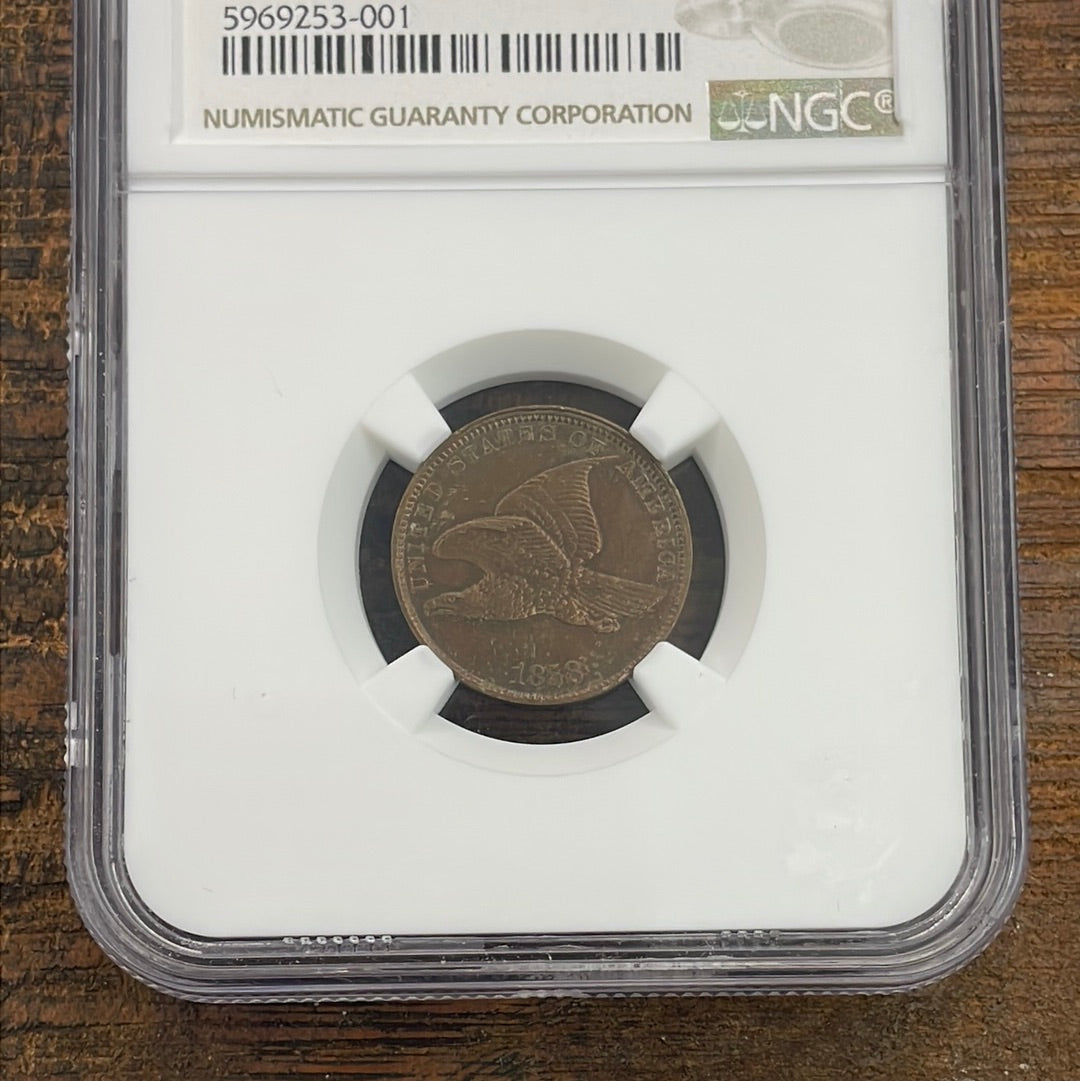 1858 1c Small Letters Flying Cent NGC AU Details- WHIZZED