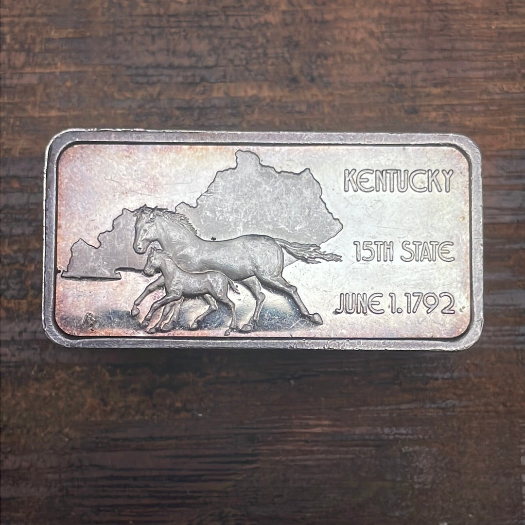 Kentucky 15th State 1oz Troy .999 Fine Silver Art Bar Toned 1976 Hamilton Mint