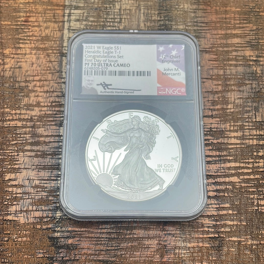 2021-W $1 US American Silver Eagle~ Heraldic Eagle T-1~ Congratulations Set~ FDOI~ NGC PF70 Ultra Cameo ~ Mercanti Signed