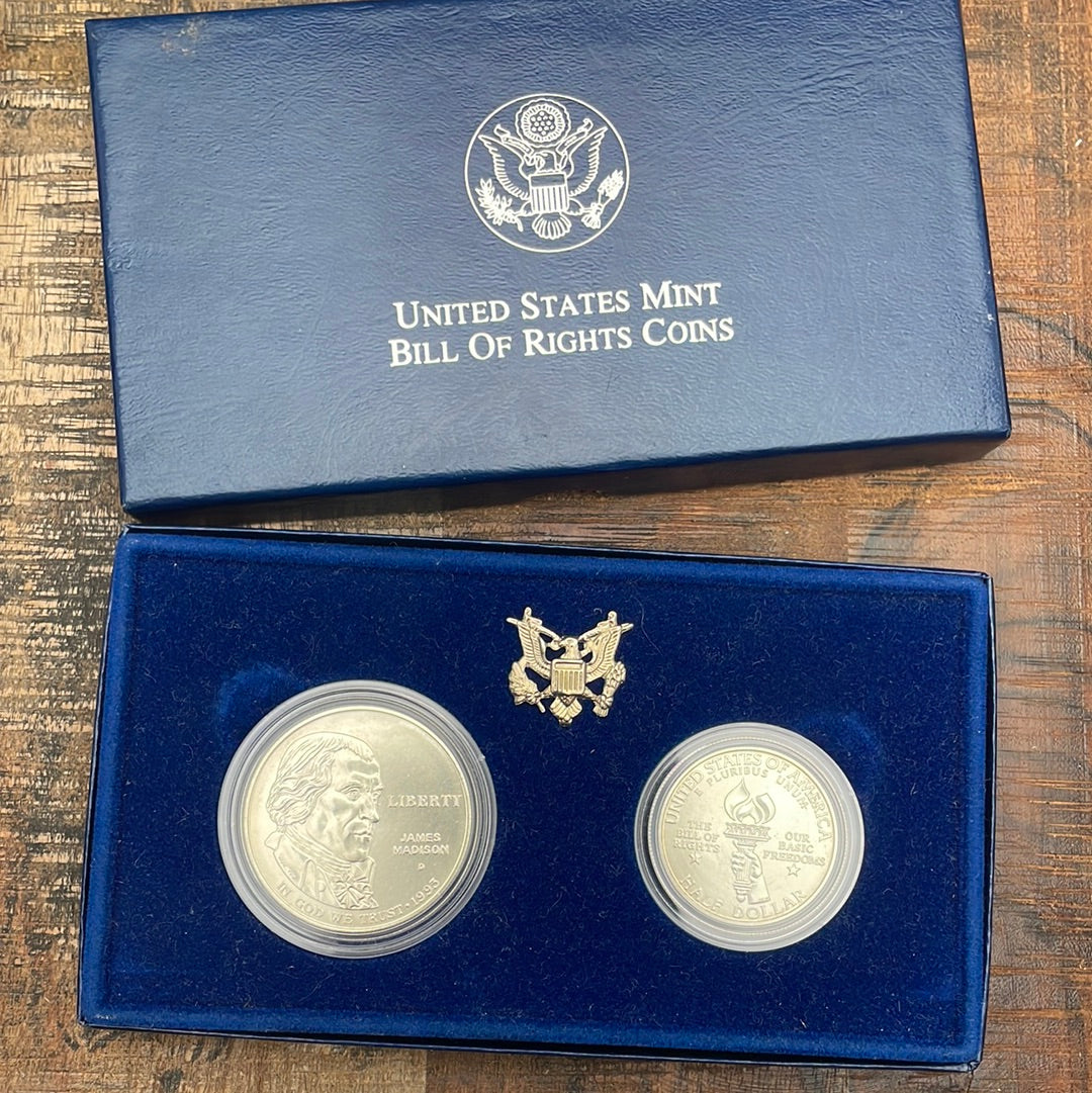 1993 D&W US Mint Bill of Rights Coins Commemorative Silver Dollar and Half Dollar.