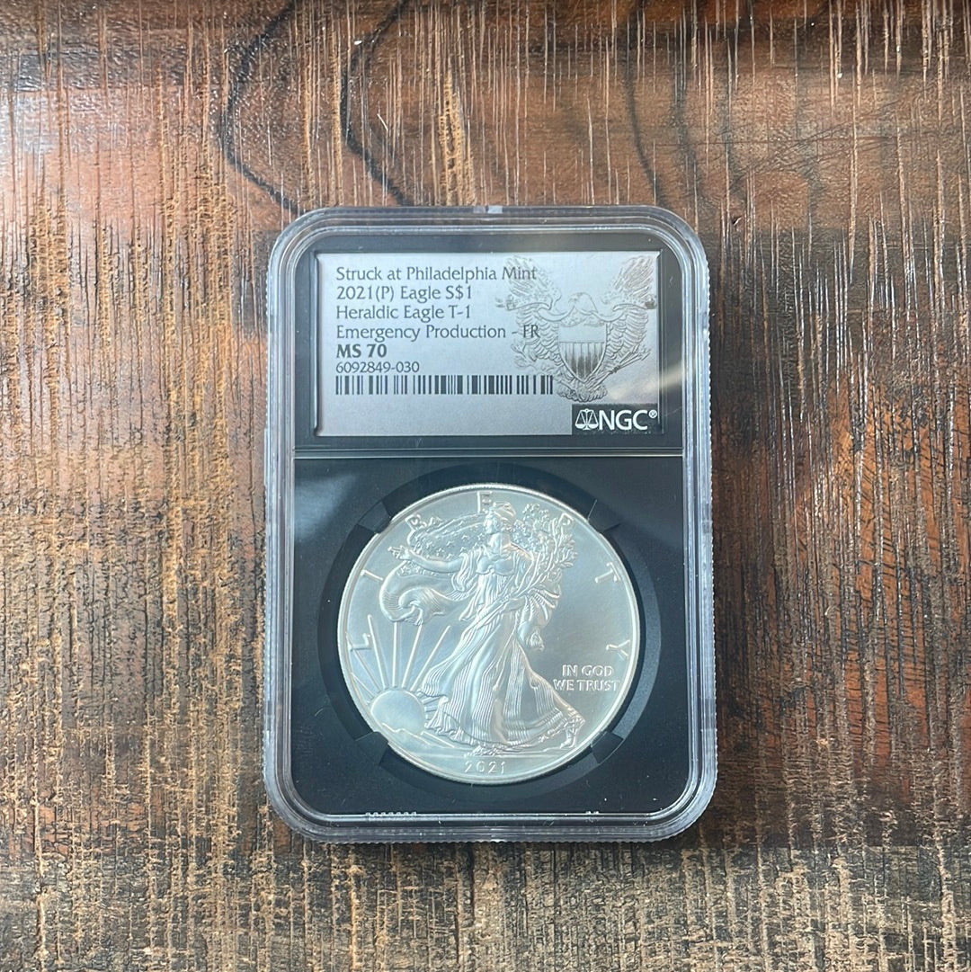 2021 $1 US American Silver Eagle, Struck at Philadelphia Mint, Heraldic Eagle T-1, Emergency Production-FR, NGC MS70