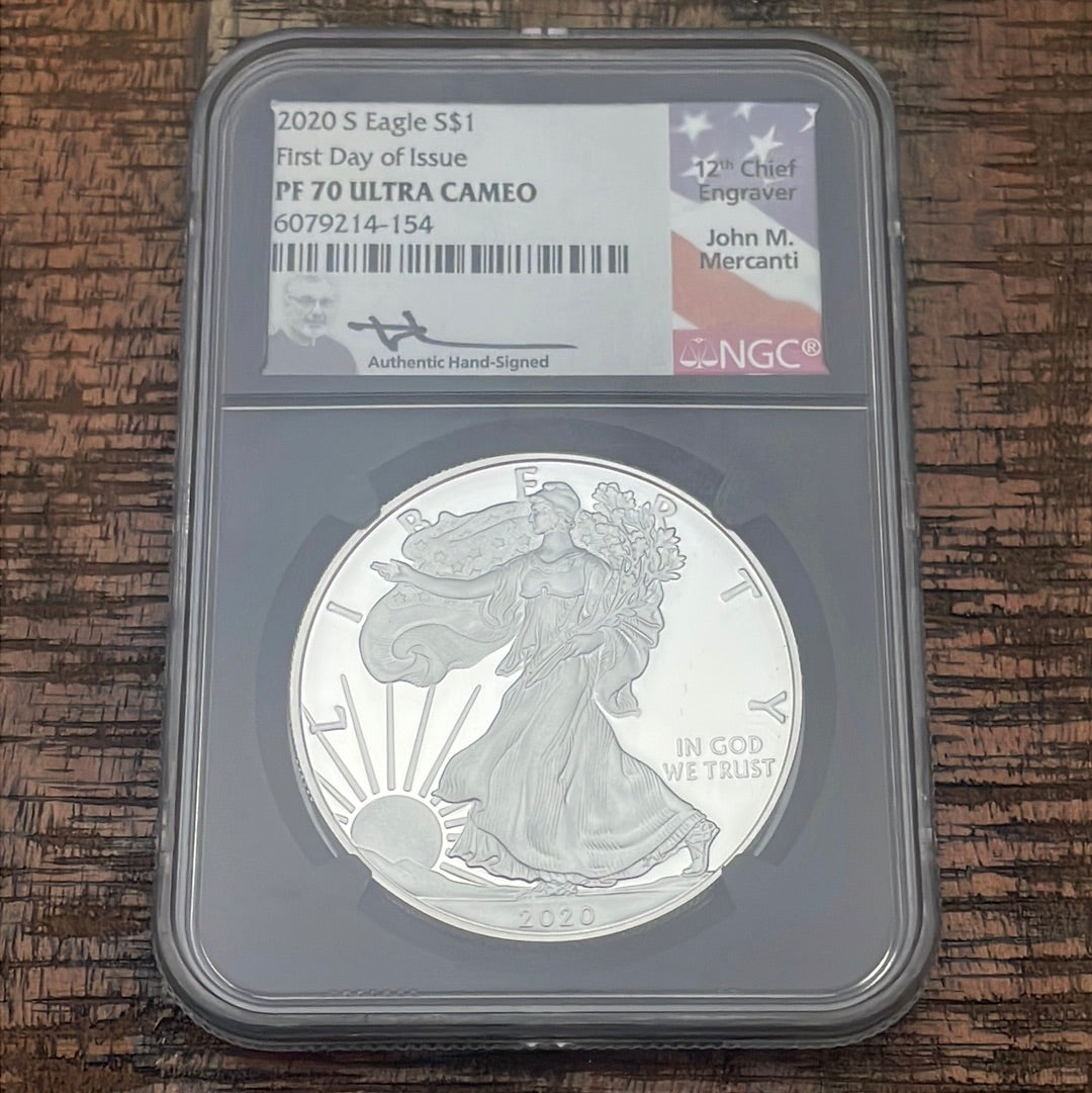 2020-S $1 US American Silver Eagle~FDOI~ NGC PF 70 Ultra Cameo~ Mercanti Signed