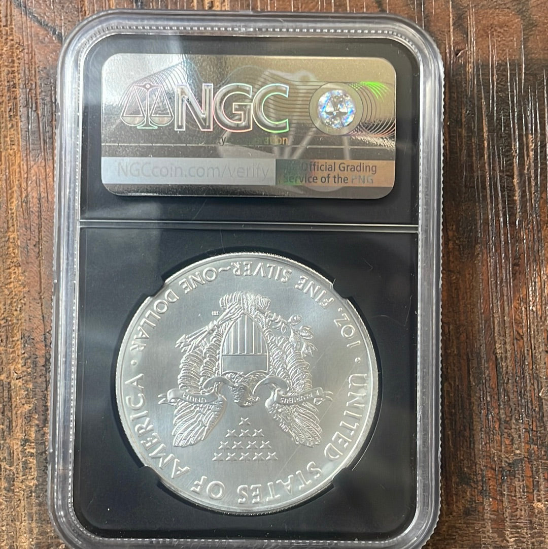 2021 $1 US American Silver Eagle, Struck at Philadelphia Mint, Heraldic Eagle T-1, Emergency Production-FR, NGC MS70