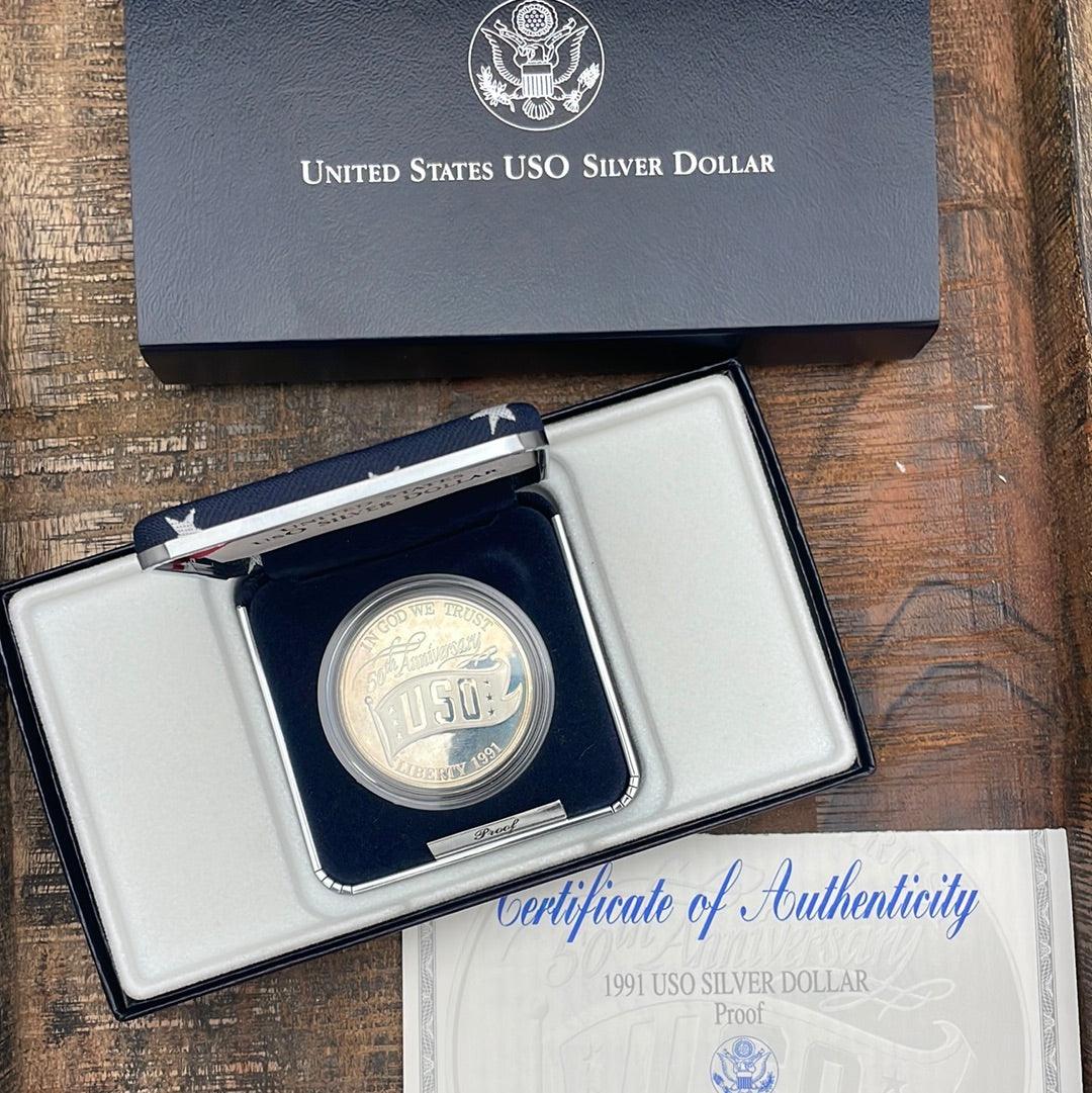 1991-S US $1 USO 50th Anniversary Proof Silver Dollar in OGP with COA