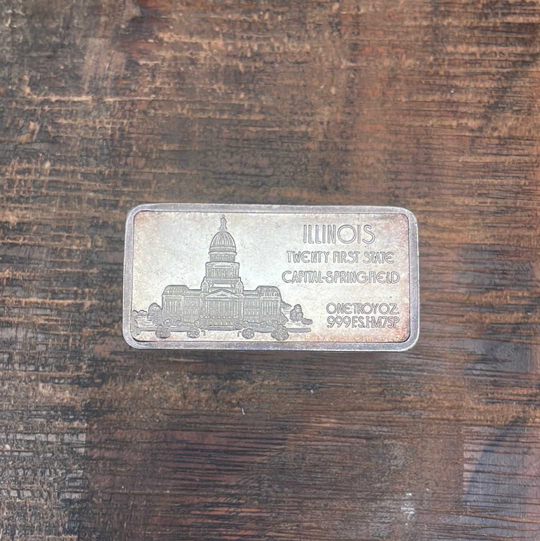 Illinois 21st State 1oz Troy .999 Fine Silver Art Bar Toned 1976 Hamilton Mint