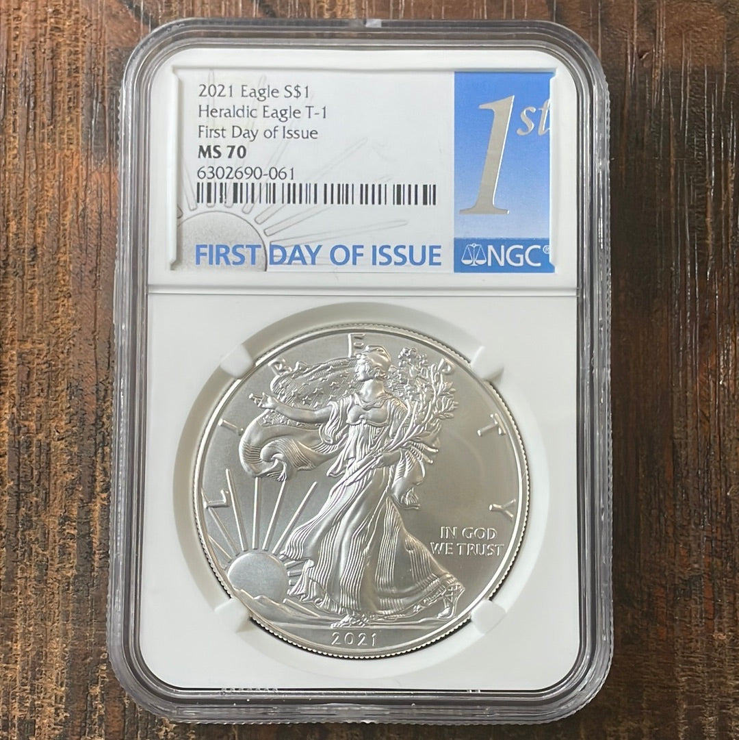 2021 $1 US American Silver Eagle, Heraldic Eagle T-1, FDOI NGC MS70