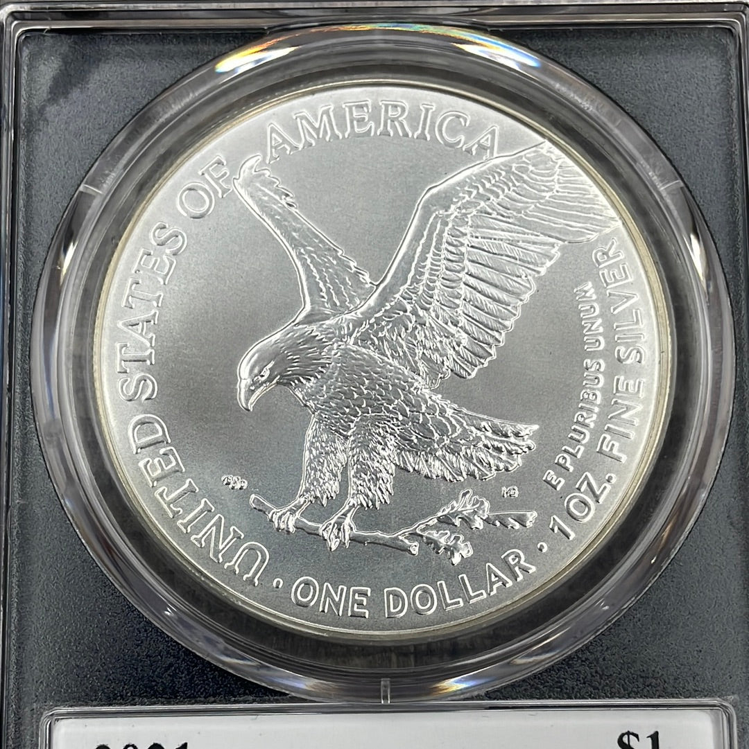 2021 $1 US American Silver Eagle, Eagle Landing T-2, FDOI, PCGS MS70, Damstra signed