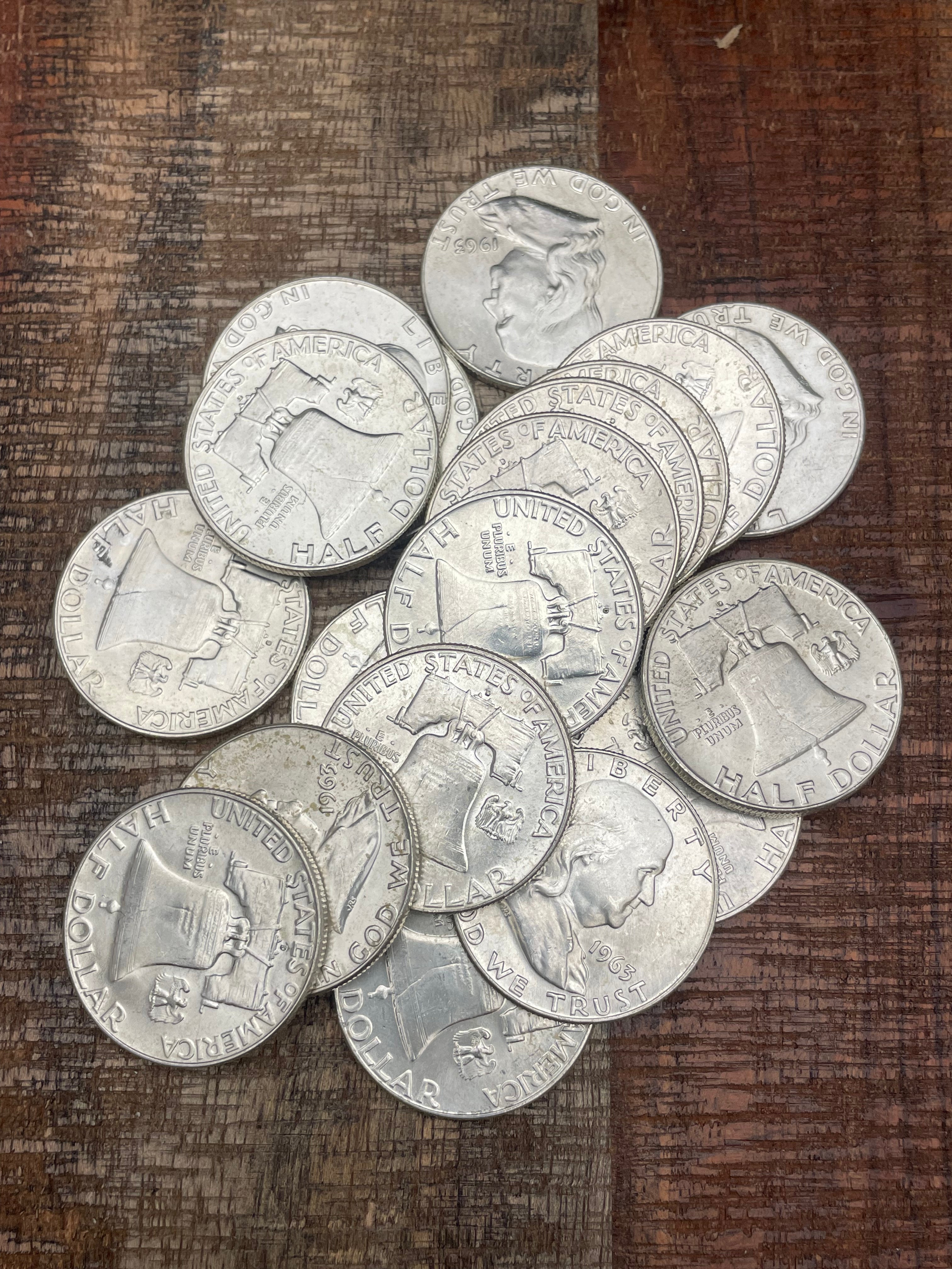 1963-D 50C US  Franklin Half Dollars ~ UNC $10 Face Value 20 coins ~ 90%  Silver