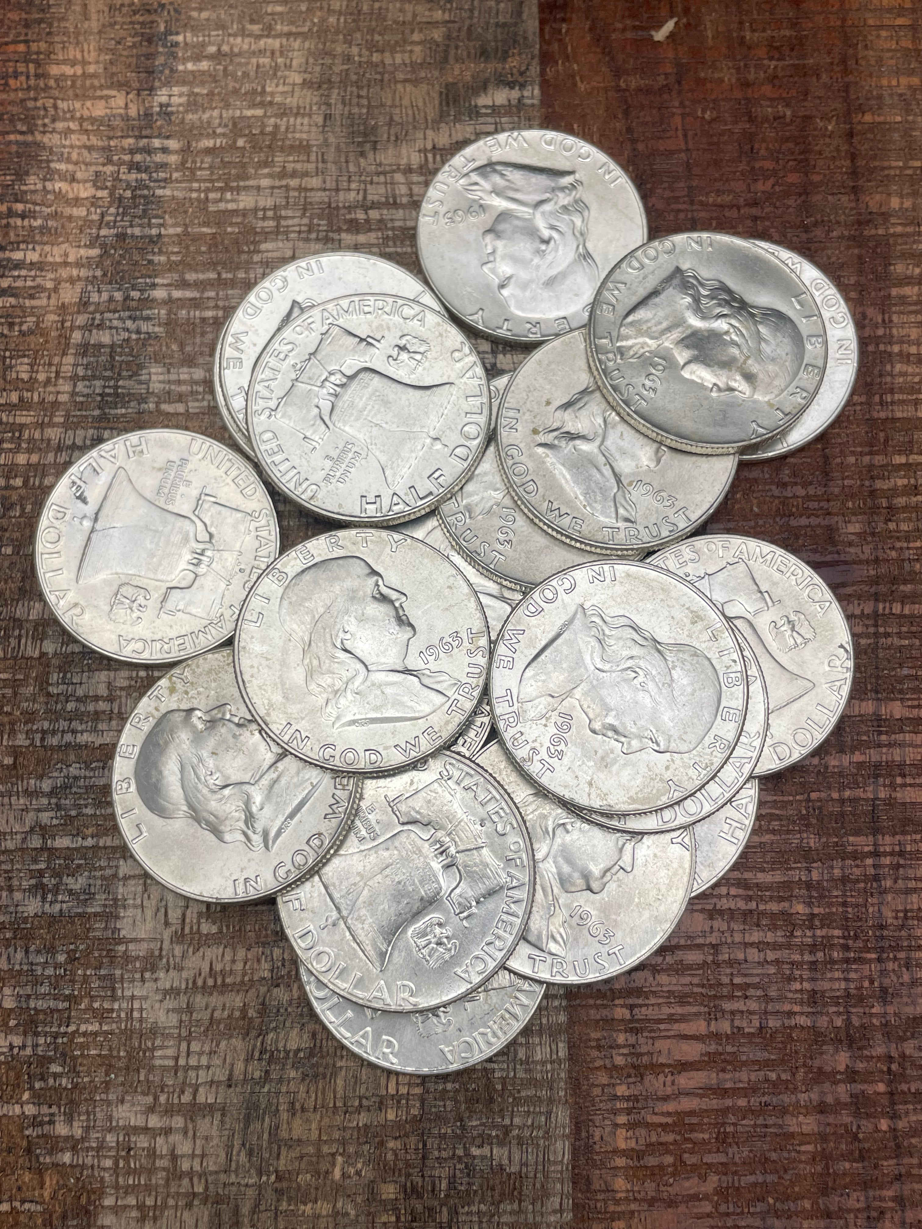 1963-D 50C US  Franklin Half Dollars ~ UNC $10 Face Value 20 coins ~ 90%  Silver