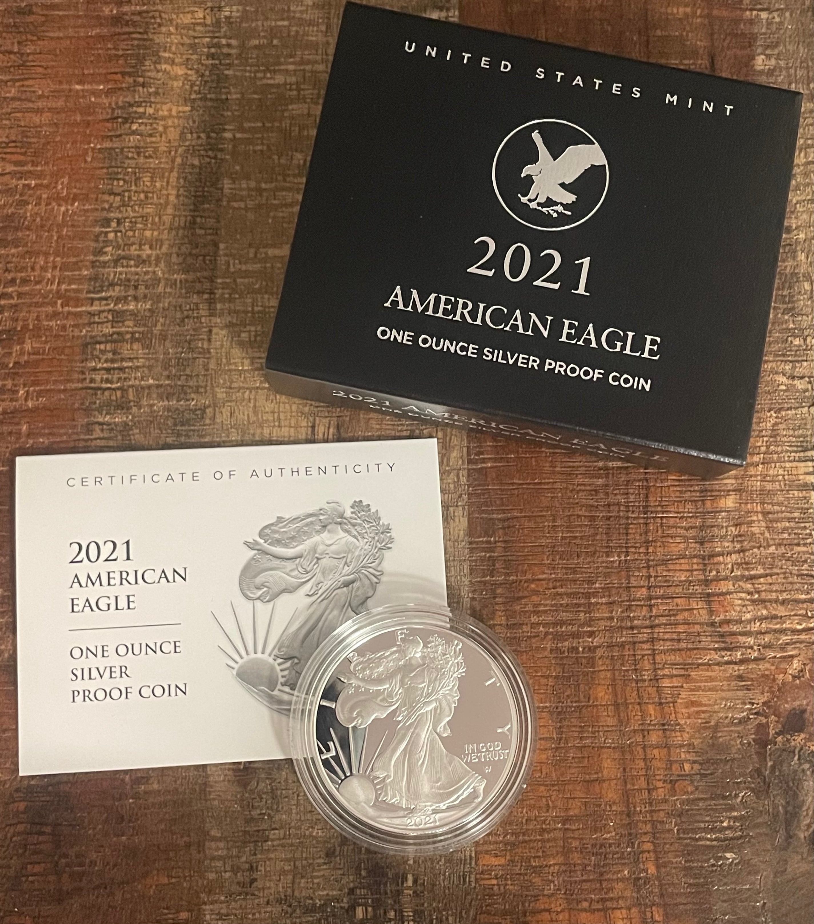 2021-S $1 US American Silver Eagle Proof Coin ~ Type II ~Capsule, Presentation Case, Box, with COA.