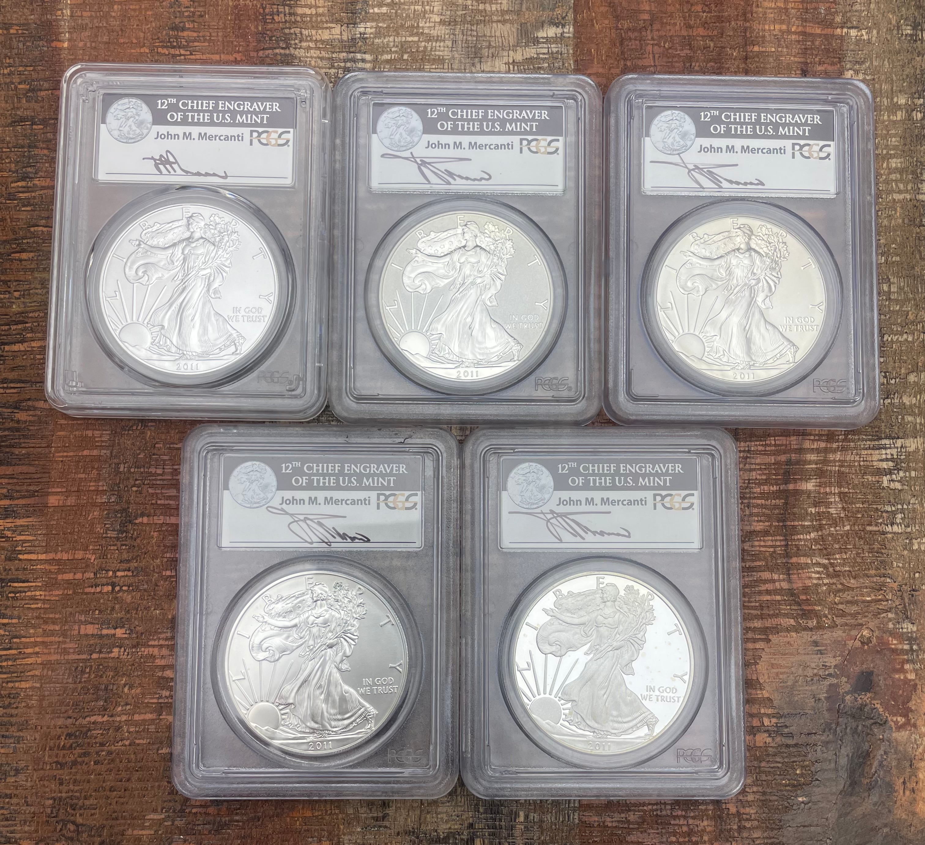 2011 American Silver Eagle 25th Anniversary Set ~ 5 Coin Set~ PCGS PF70DCAM & MS70 ~ First Strike ~ Mercanti Signed
