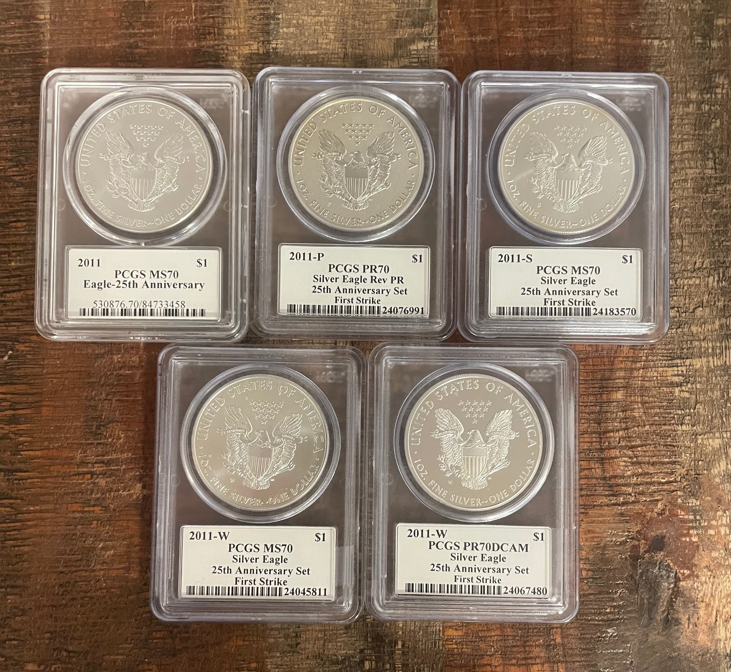 2011 American Silver Eagle 25th Anniversary Set ~ 5 Coin Set~ PCGS PF70DCAM & MS70 ~ First Strike ~ Mercanti Signed