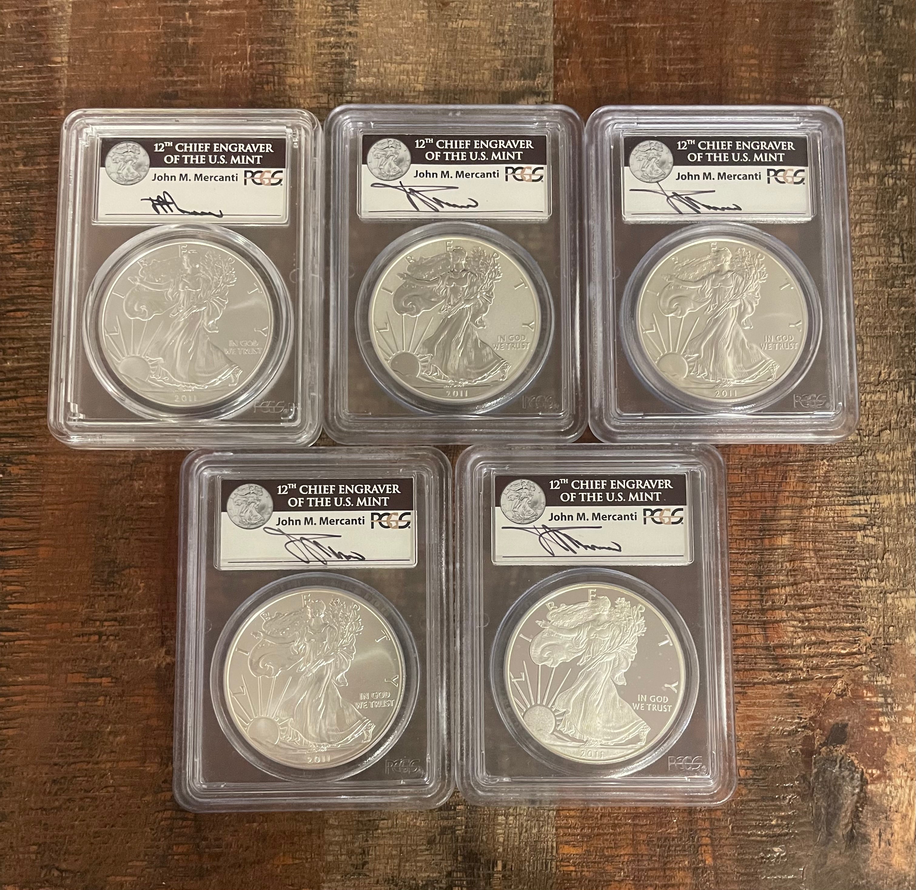 2011 American Silver Eagle 25th Anniversary Set ~ 5 Coin Set~ PCGS PF70DCAM & MS70 ~ First Strike ~ Mercanti Signed