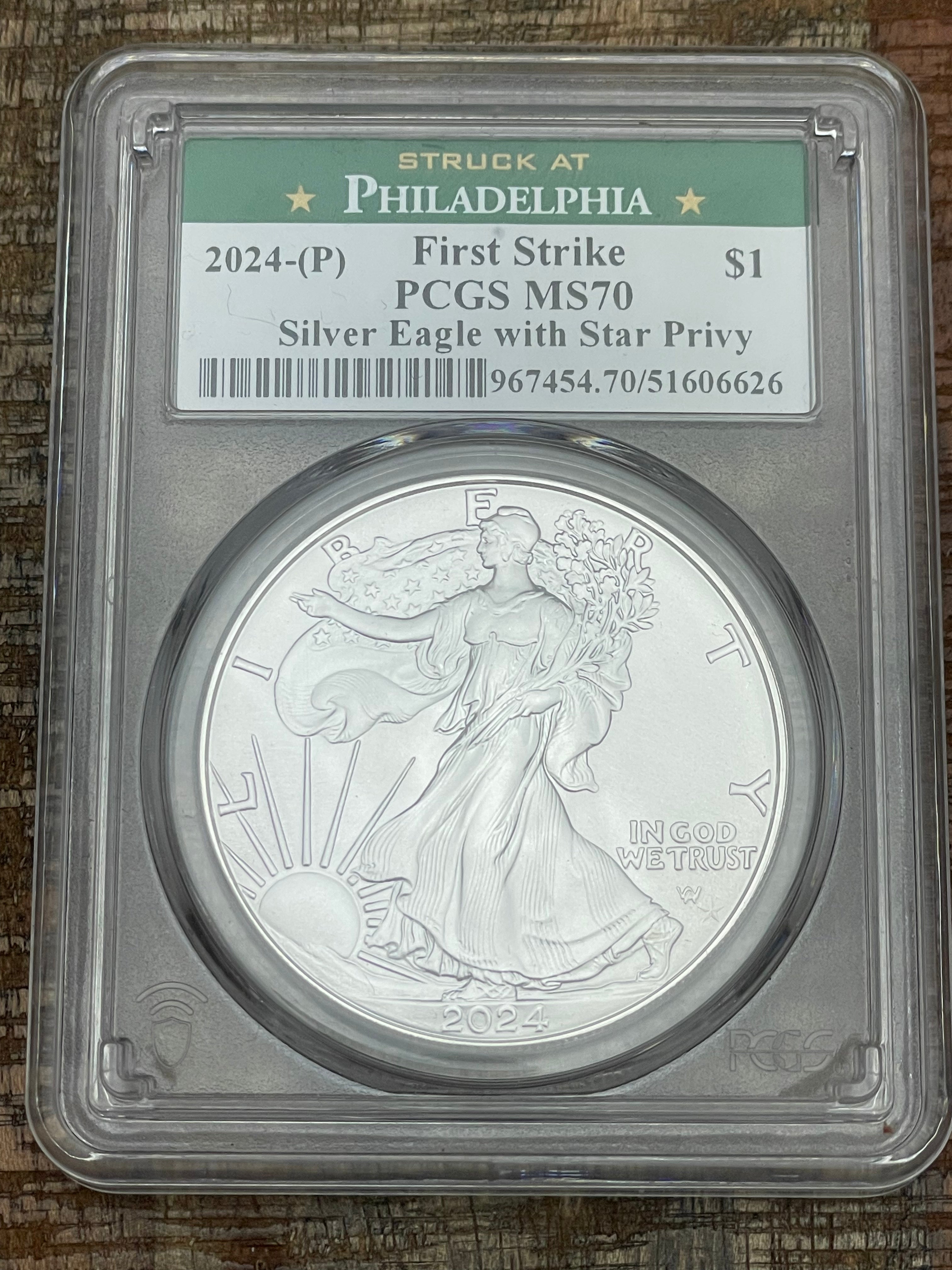 2024 $1 US American Silver Eagle with Star Privy~First Strike~ PCGS MS70