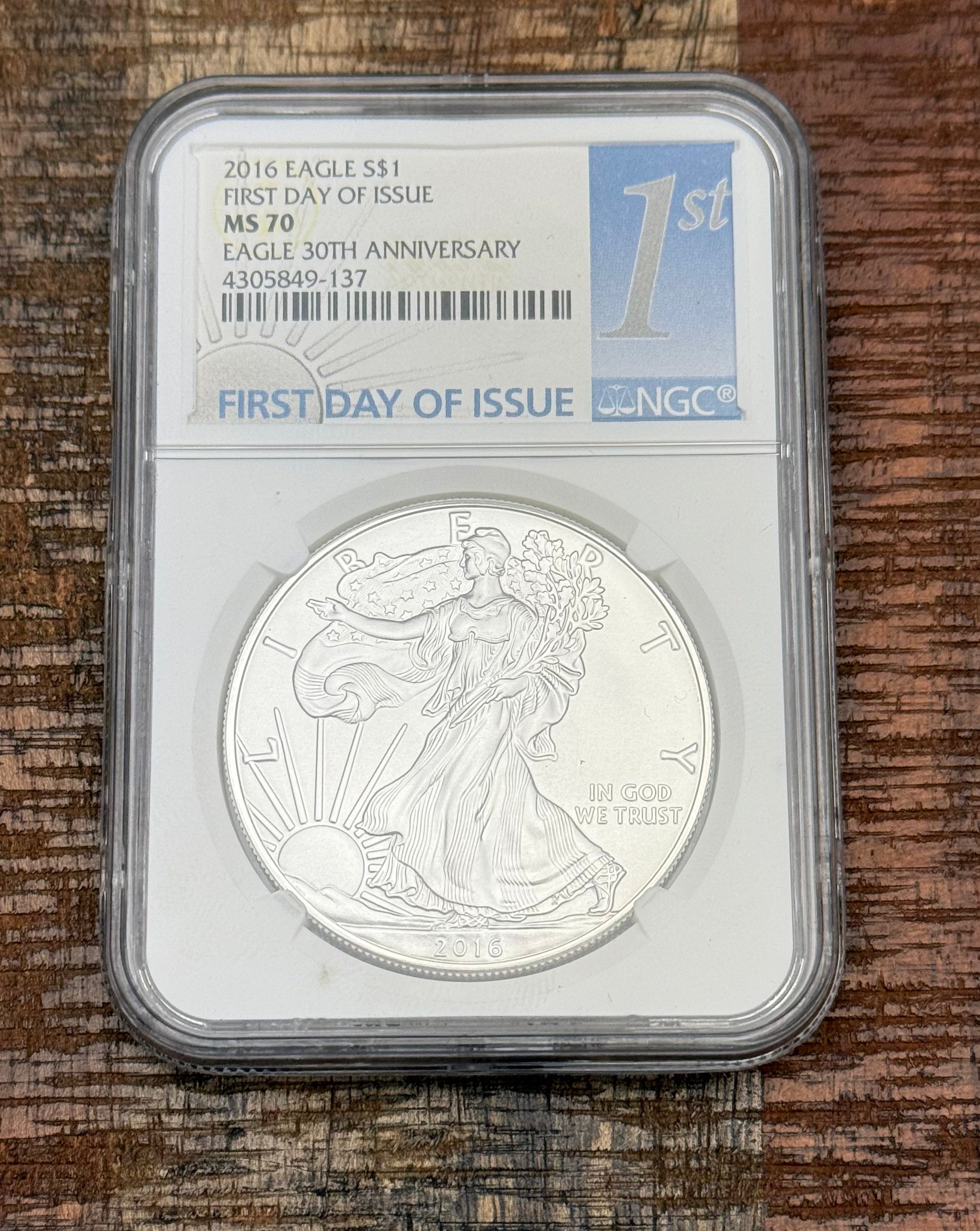 2016 $1 American Silver Eagle ~ NGC MS70 ~ First Day of Issue ~ 30th Anniversary