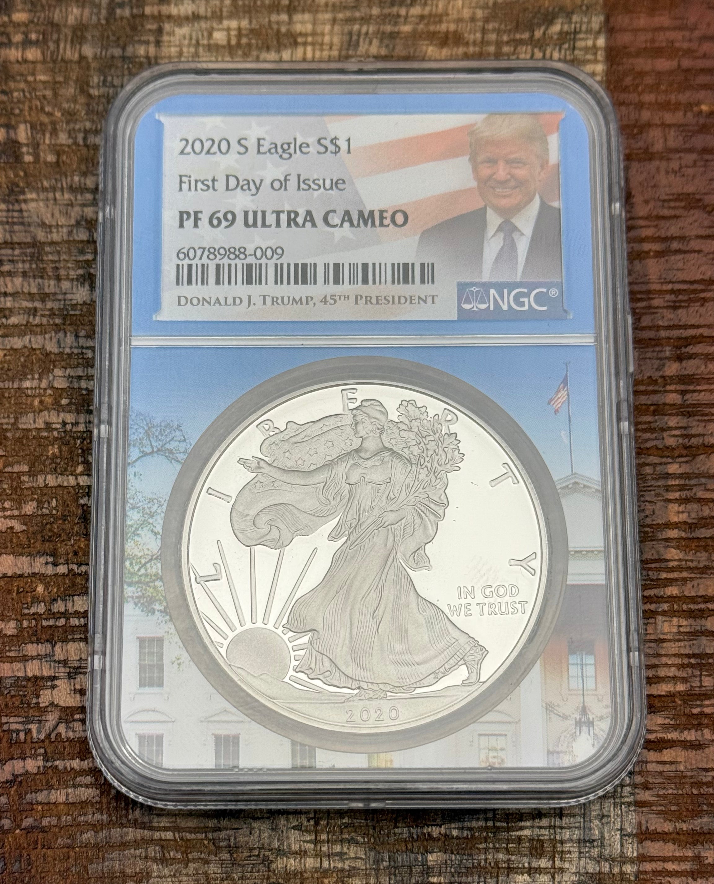 2020-S $1 US American Silver Eagle~ NGC PF69 Ultra Cameo ~ First Day of Issue ~ Trump 45th President Label