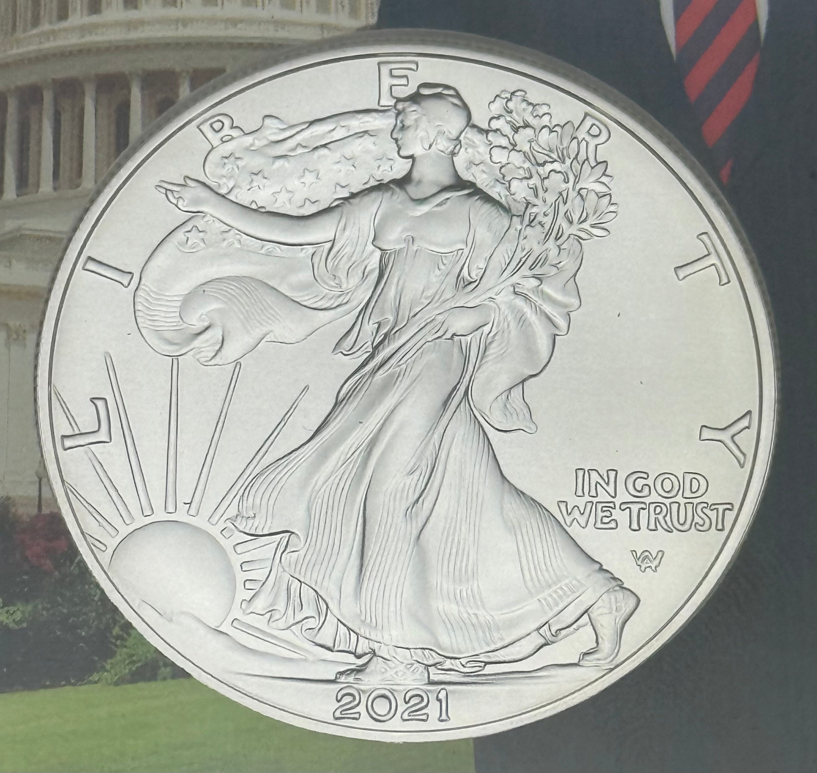 2021 $1 US American Silver Eagle, Eagle Landing T-2, FDOI, NGC MS69, Trump 45th Label President