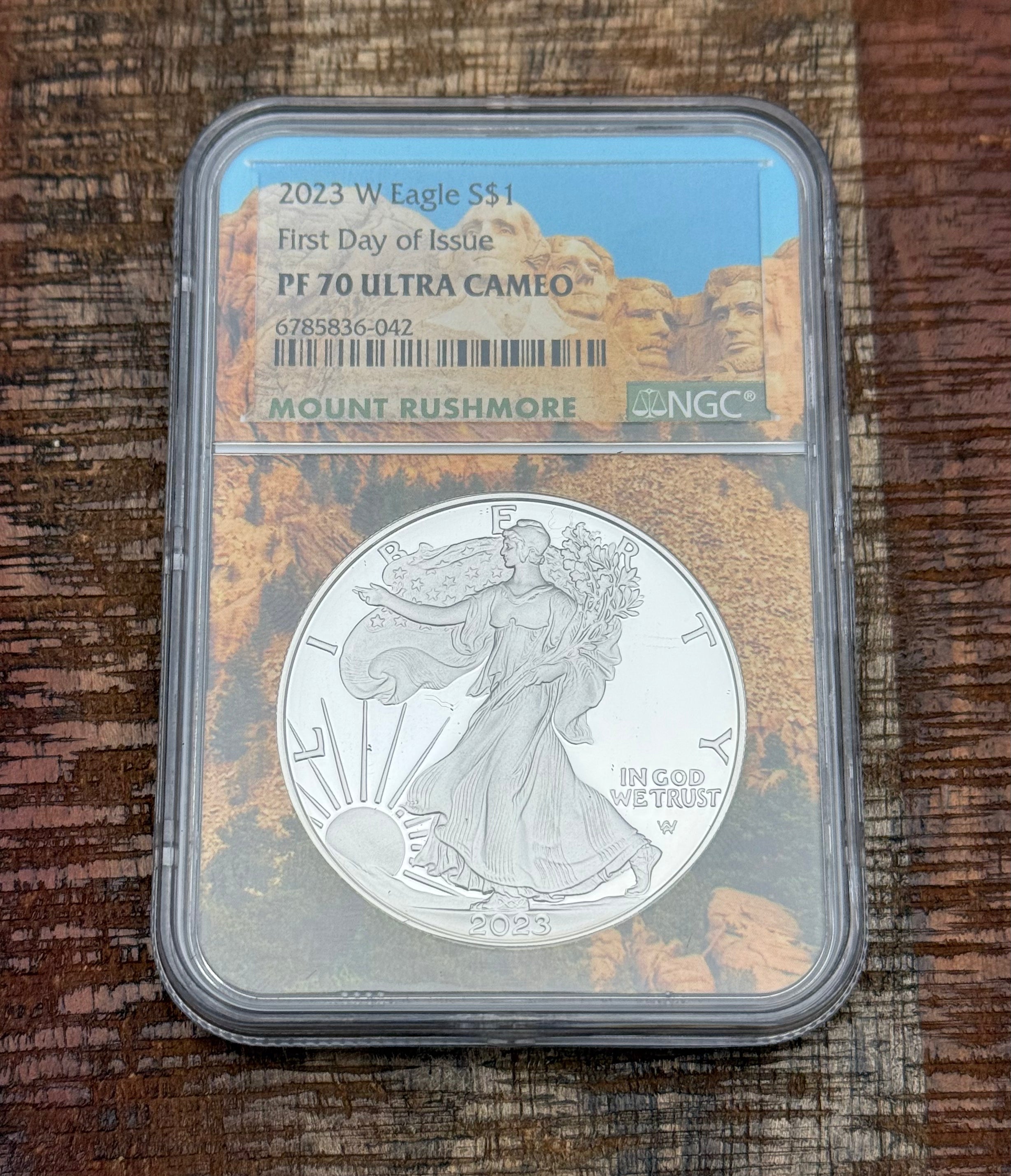 2023-W $1 American Silver Eagle. FDOI. NGC PF70 Ultra Cameo, Mount Rushmore Label
