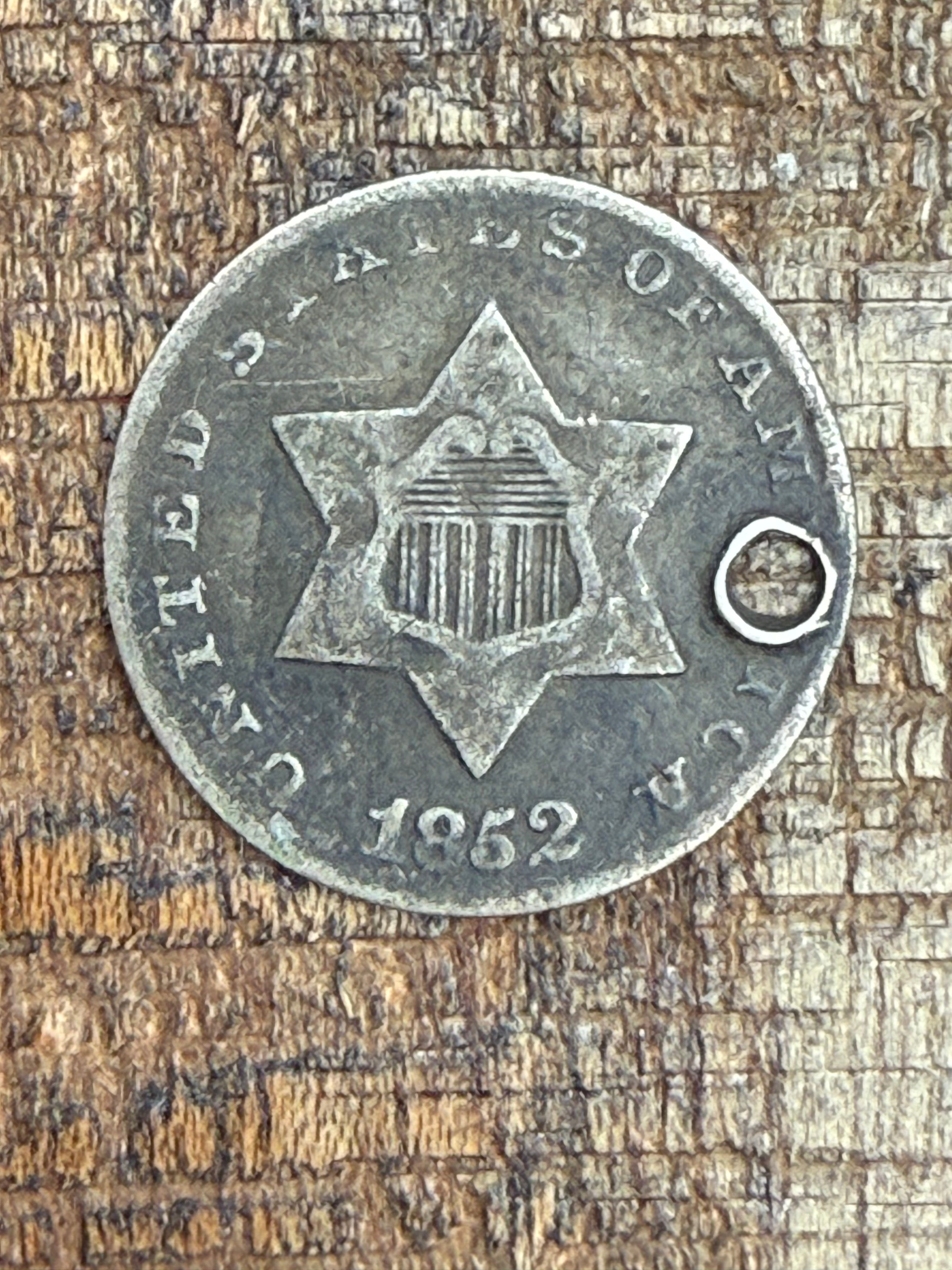 1852 3c US Three Cent ~ Silver ~ Holed