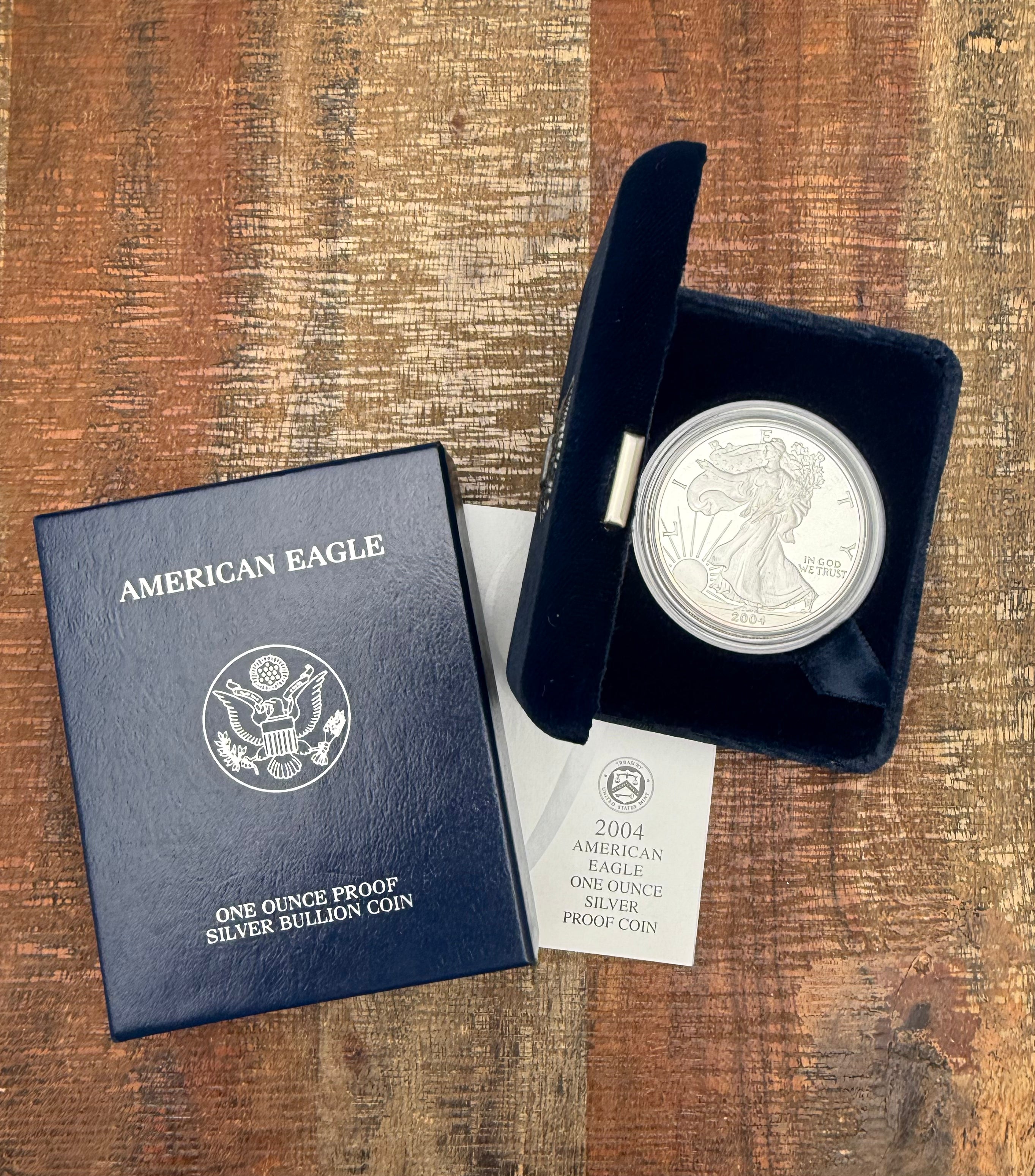 2004-W $1 US American Silver Eagle Proof Coin~Capsule, Presentation Case, and Box with COA