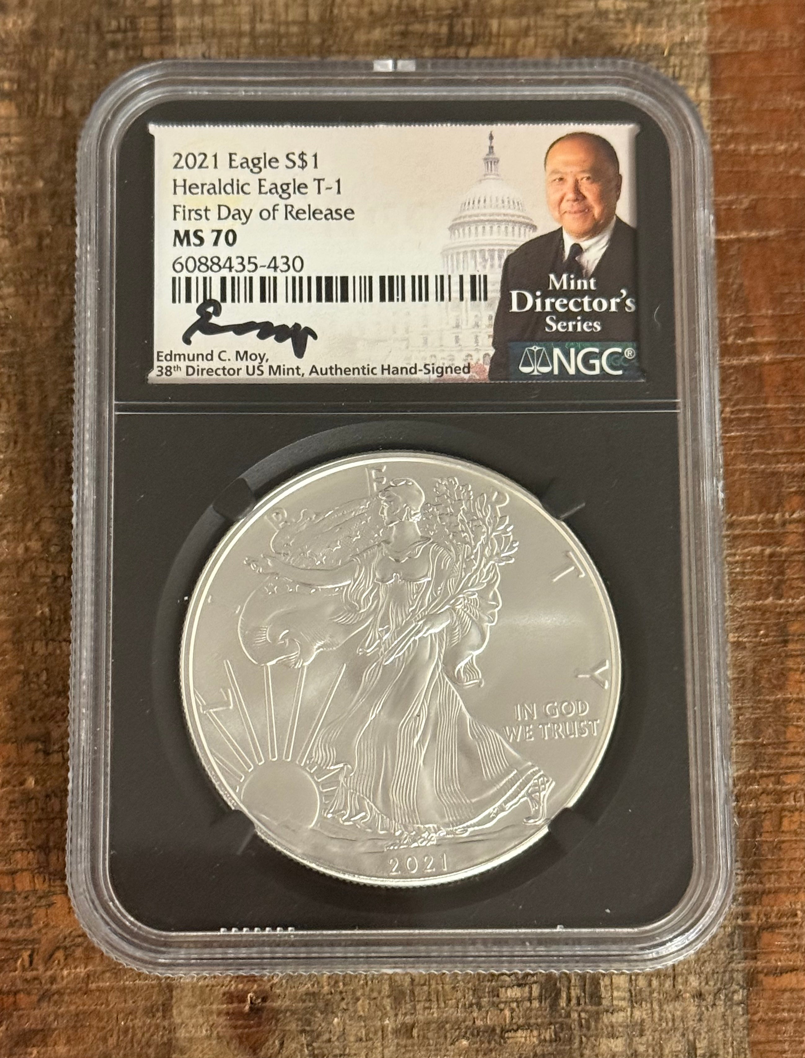 2021 $1 US American Silver Eagle, Heraldic Eagle T-1, First Day of Release, NGC MS70 ~ Signed by Roy