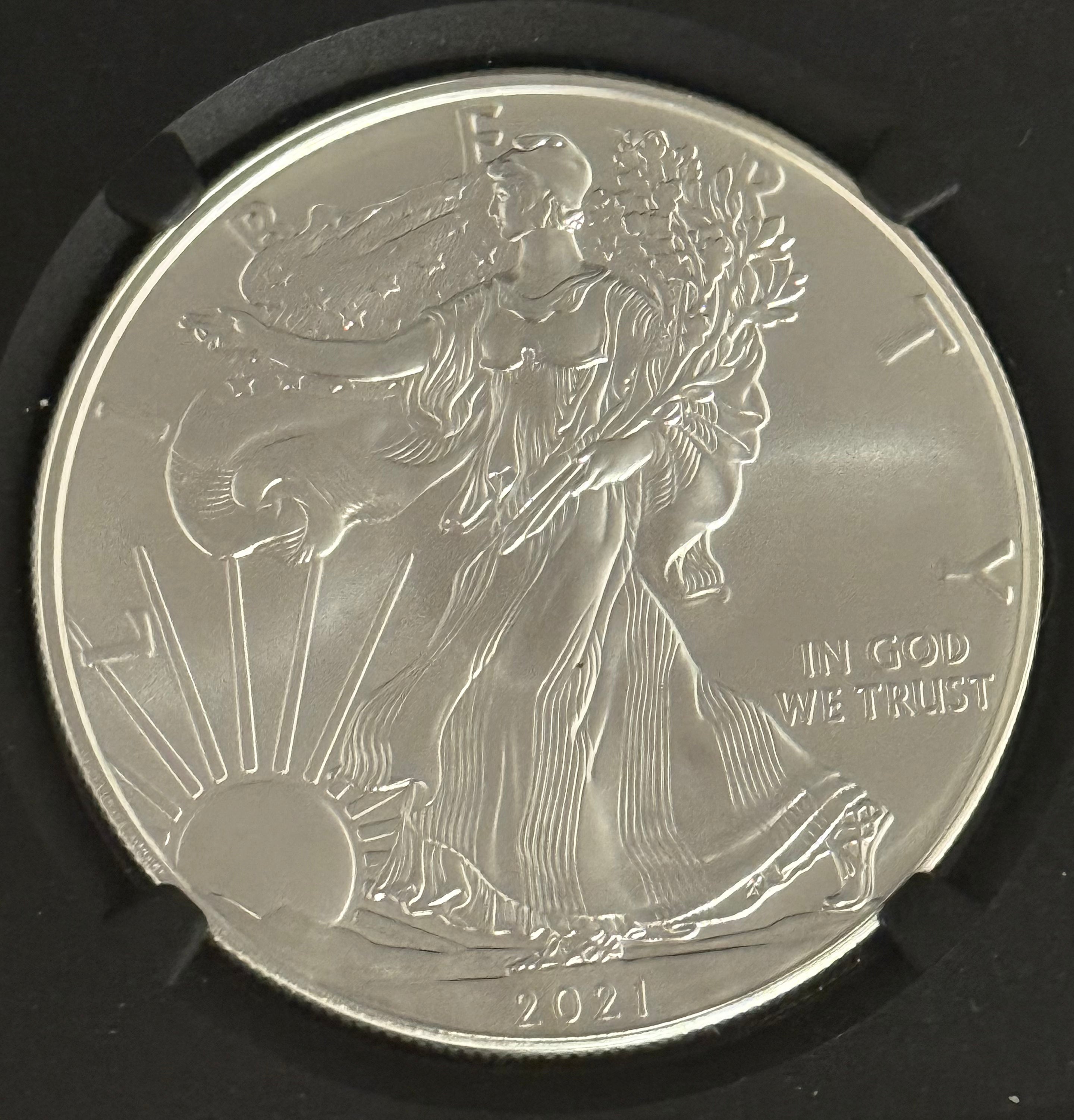 2021 $1 US American Silver Eagle, Heraldic Eagle T-1, First Day of Release, NGC MS70 ~ Signed by Roy
