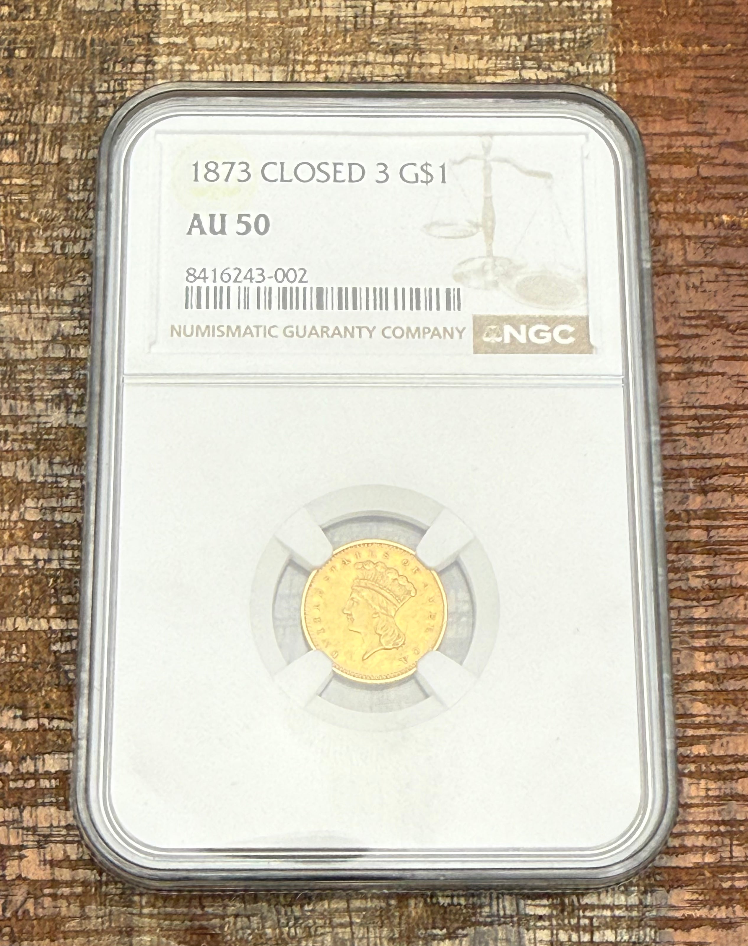 1873 closed 3 ~ $1 Indian Princess Head ~ Variety 3 ~ Gold ~NGC AU50 ~ LOW MINTAGE VARIETY only 1800