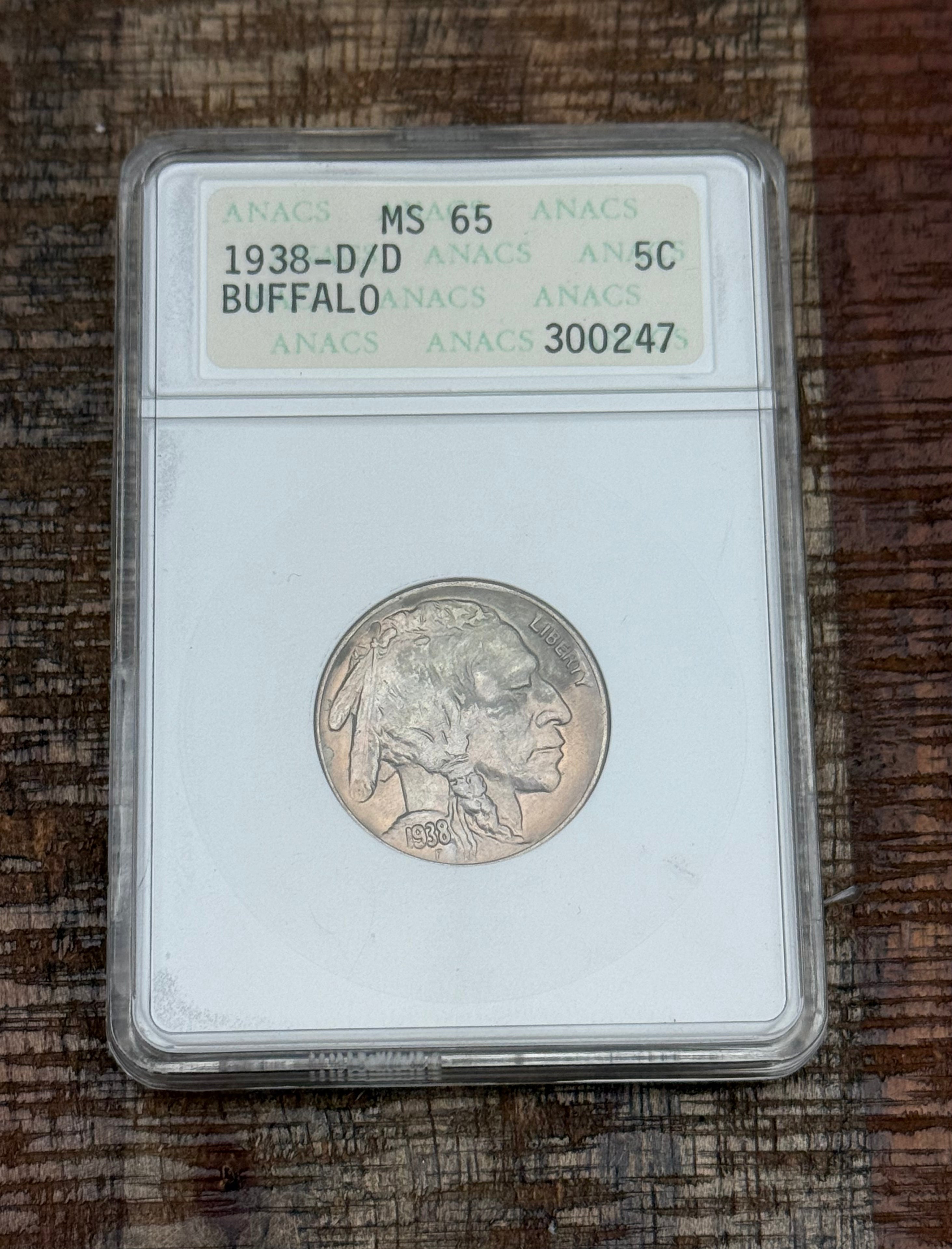 1938-D/D 5C Buffalo Nickel~ANACS MS65