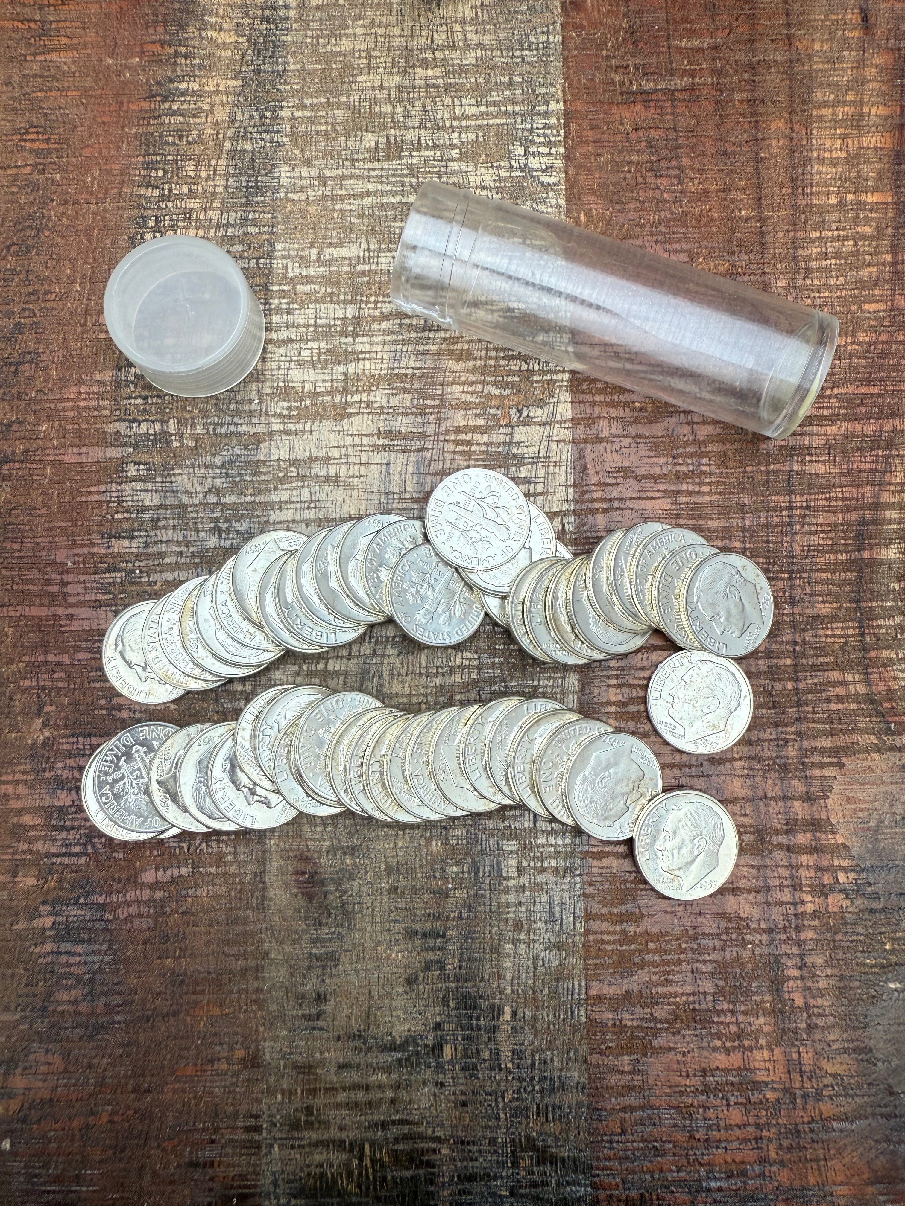 1957-D 10C Dimes Uncirculated Roll ~ Set of 50 ~ BU ~ Plastic Tube