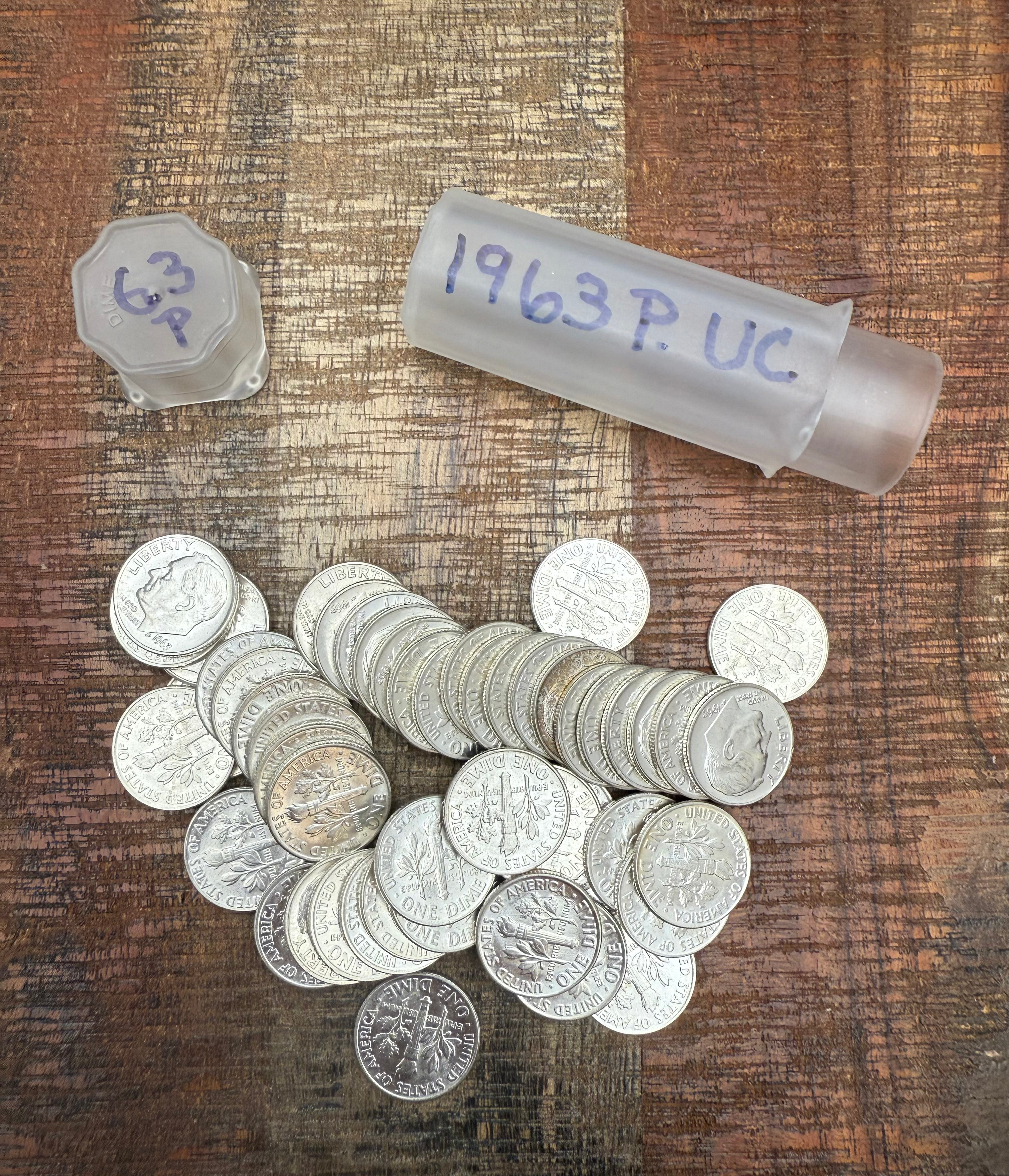 1963-P 10C Roosevelt Dimes Uncirculated Roll ~ Set of 50 ~ BU ~ Plastic Tube