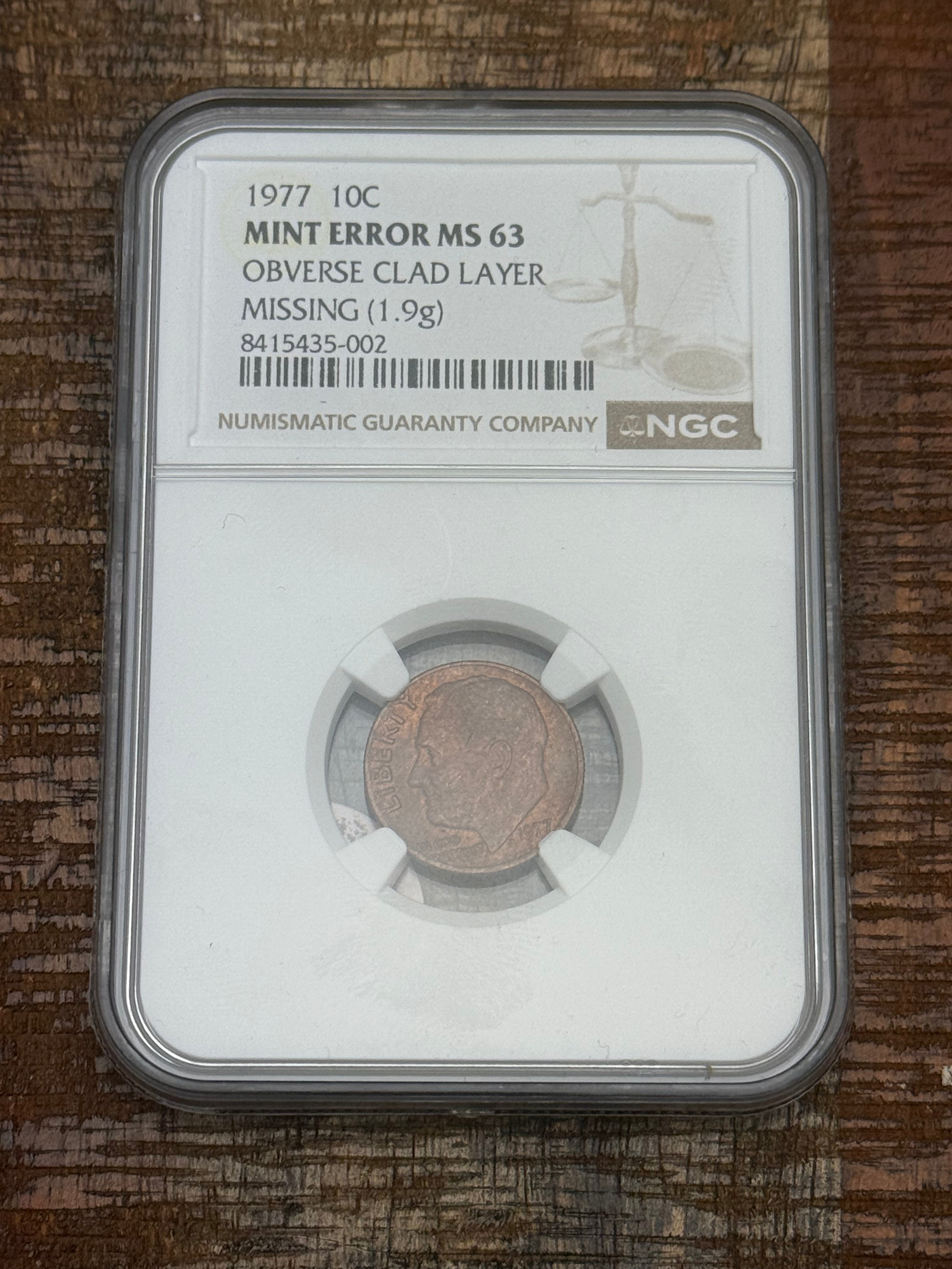 1977 10C Roosevelt Dime ~ NGC Mint Error MS63 Obverse Clad Layer Missing (1.9g)