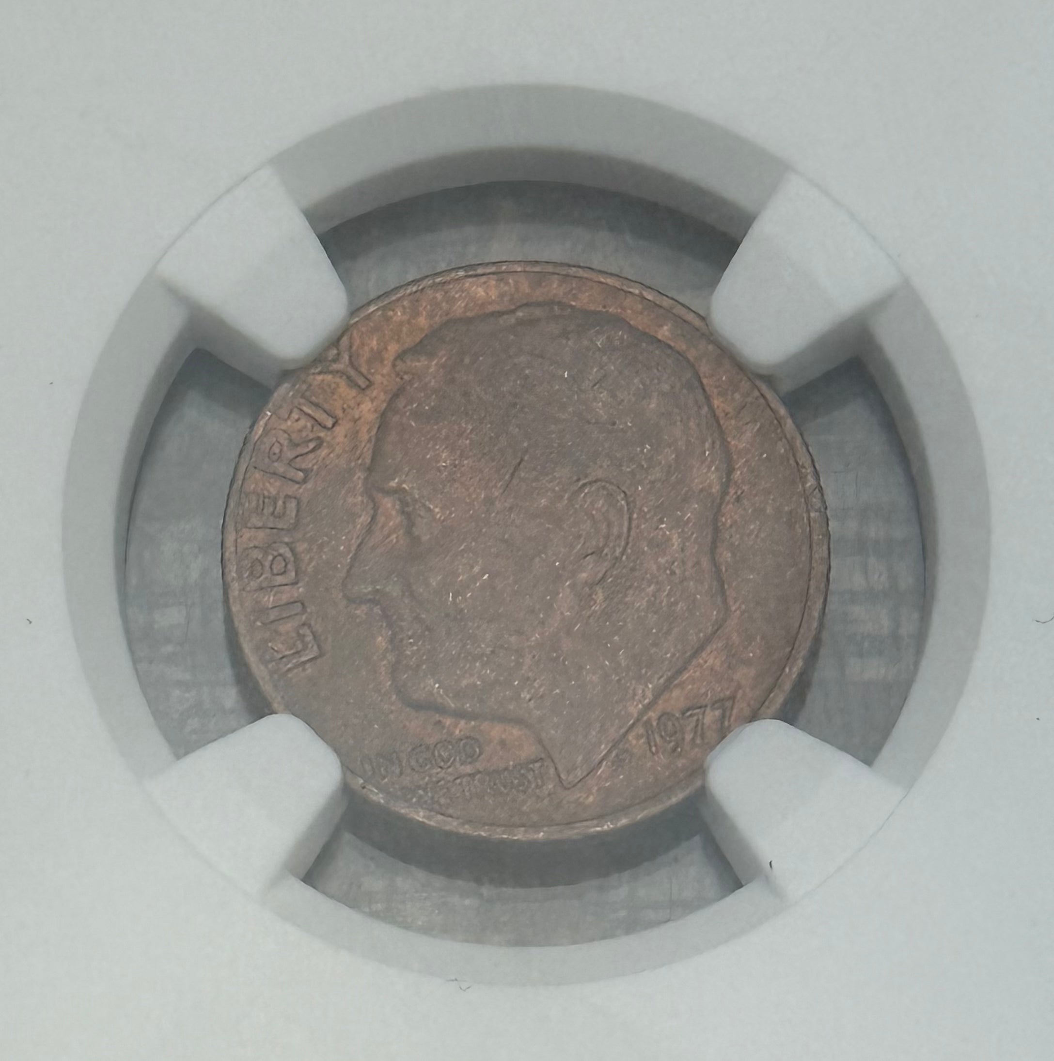 1977 10C Roosevelt Dime ~ NGC Mint Error MS63 Obverse Clad Layer Missing (1.9g)