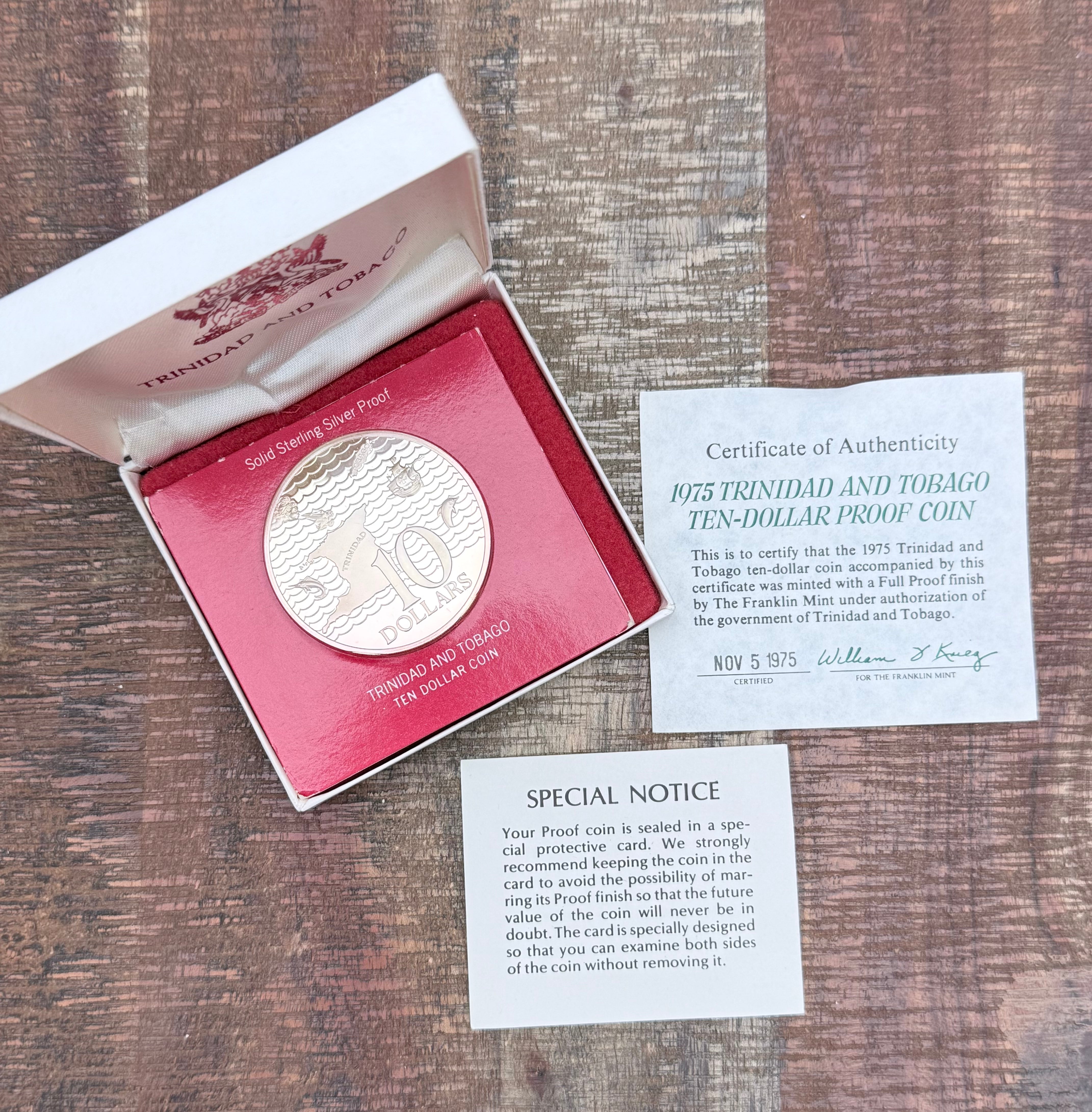 1975 Trinidad & Tobago $10 Sterling Silver Proof Coin