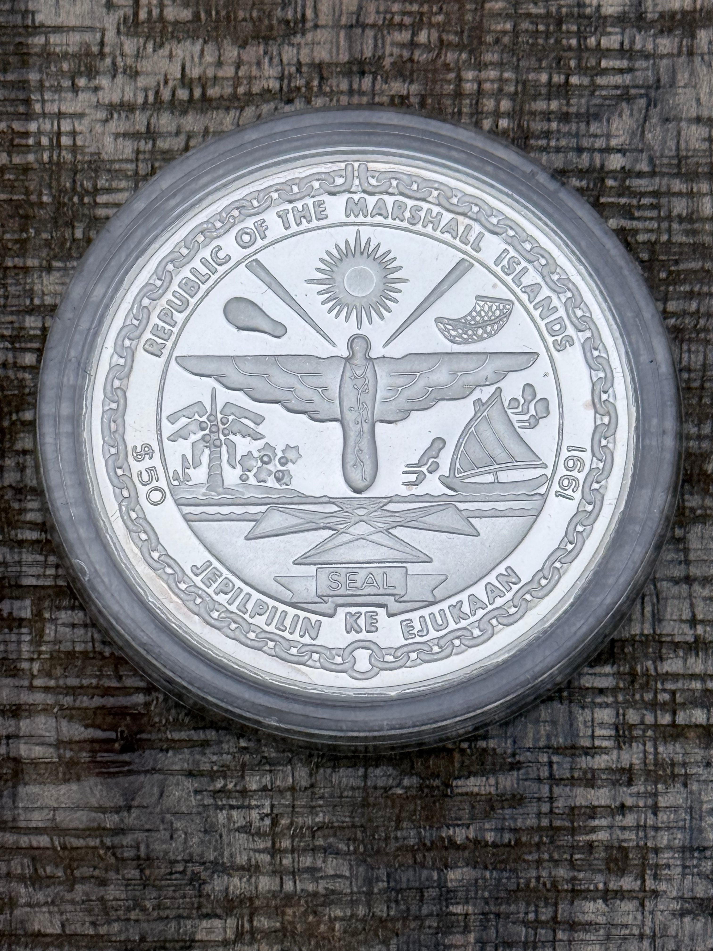 1991 Marshall Islands $50 Proof Space Shuttle Columbia 1 Troy Ounce .999 Silver