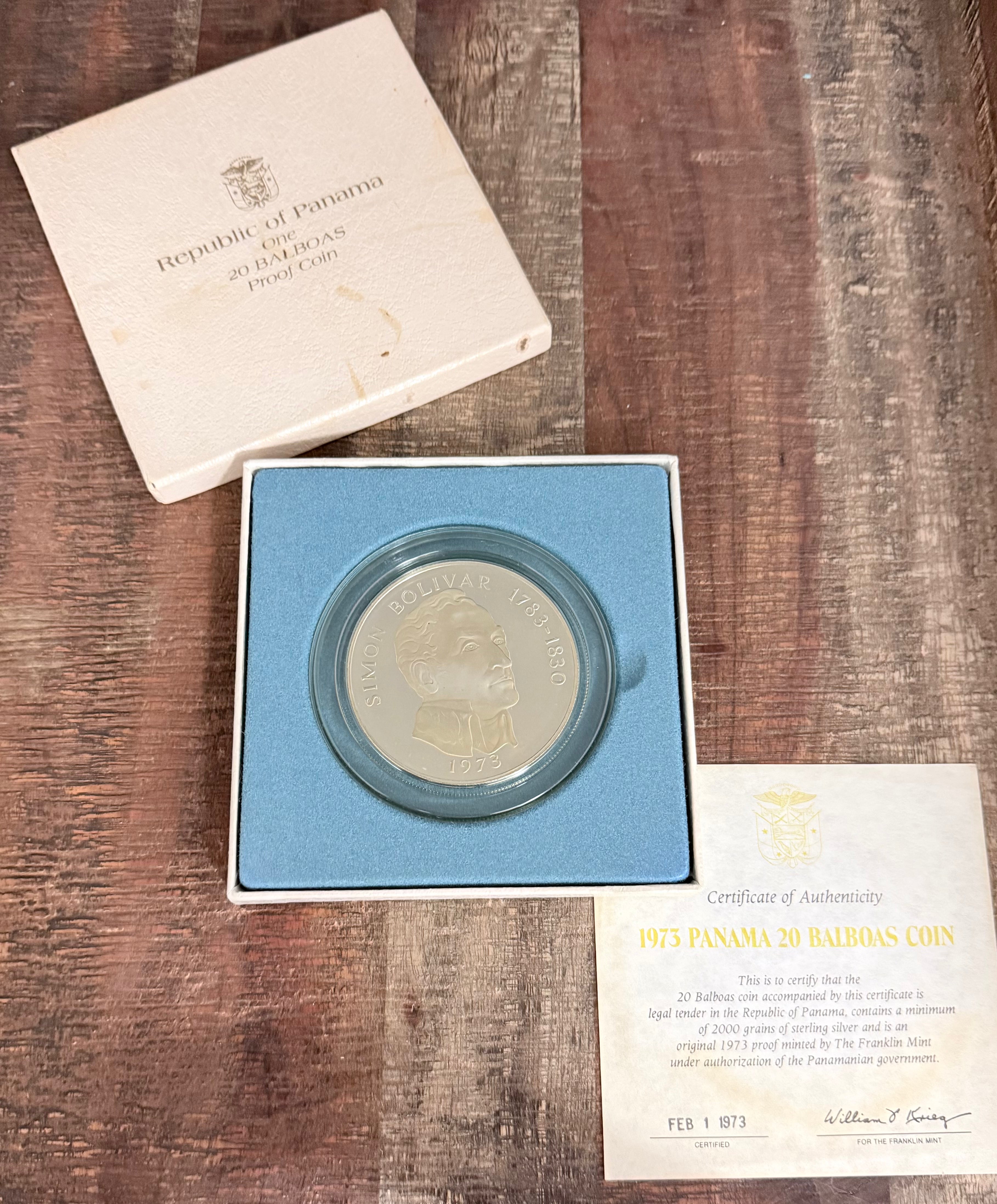 1973 Panama Silver 20 Balboas Simon Bolivar Proof