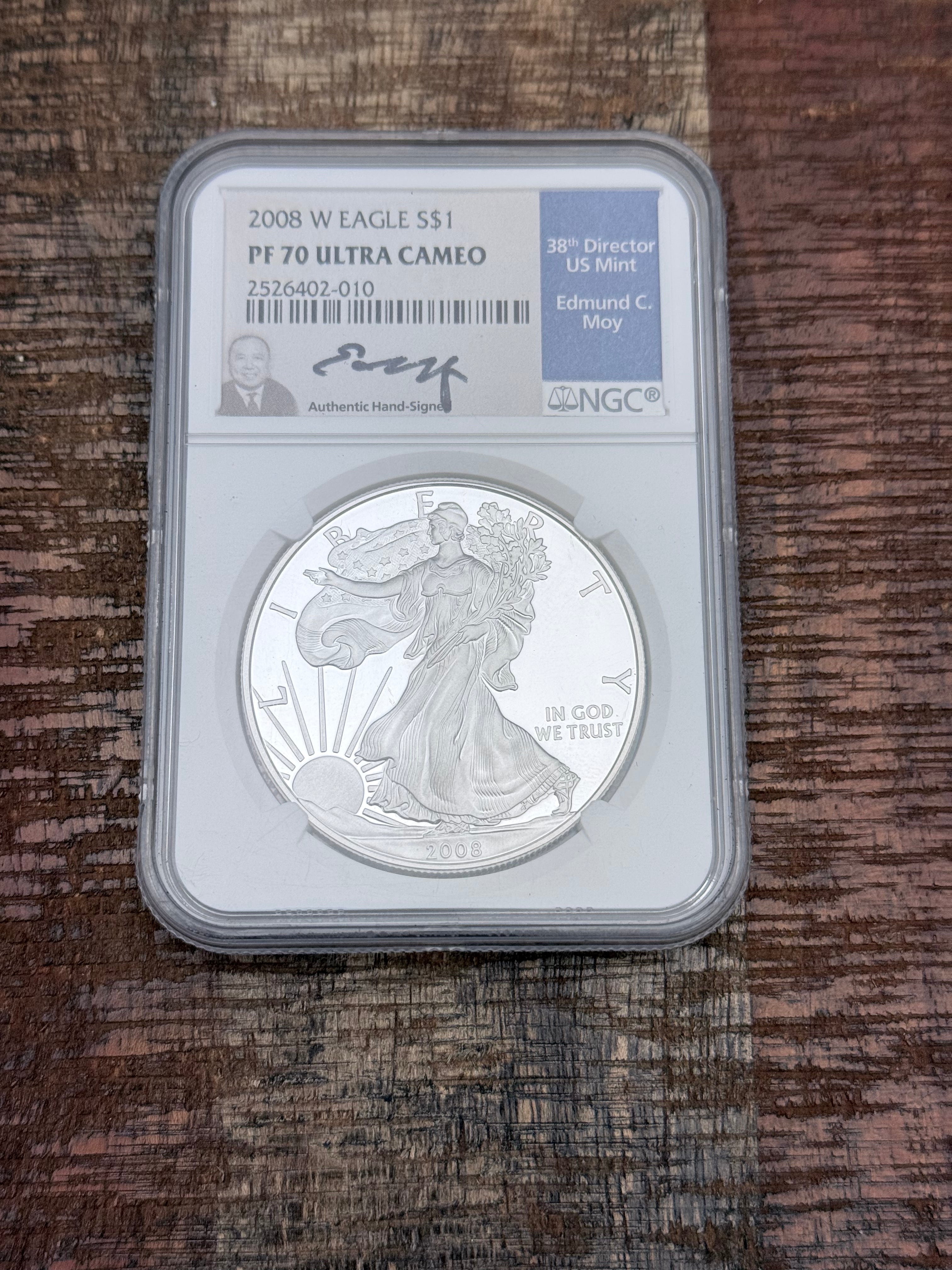 2008 $1 US Proof American Silver Eagle NGC PR70 Ultra Cameo ~ Signed by Moy
