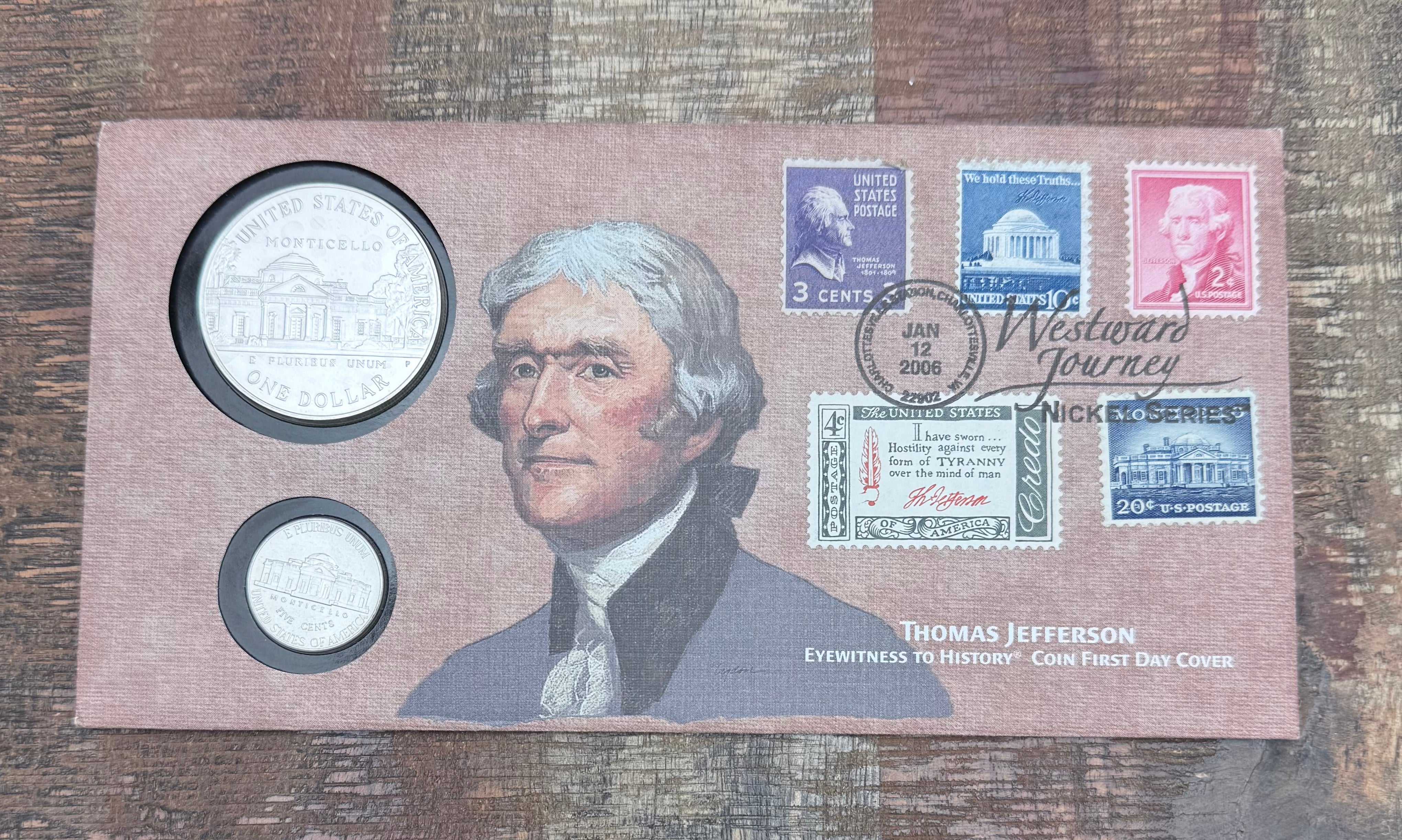 Thomas Jefferson Silver dollar Commemorative Eyewitness Coin First Day Cover