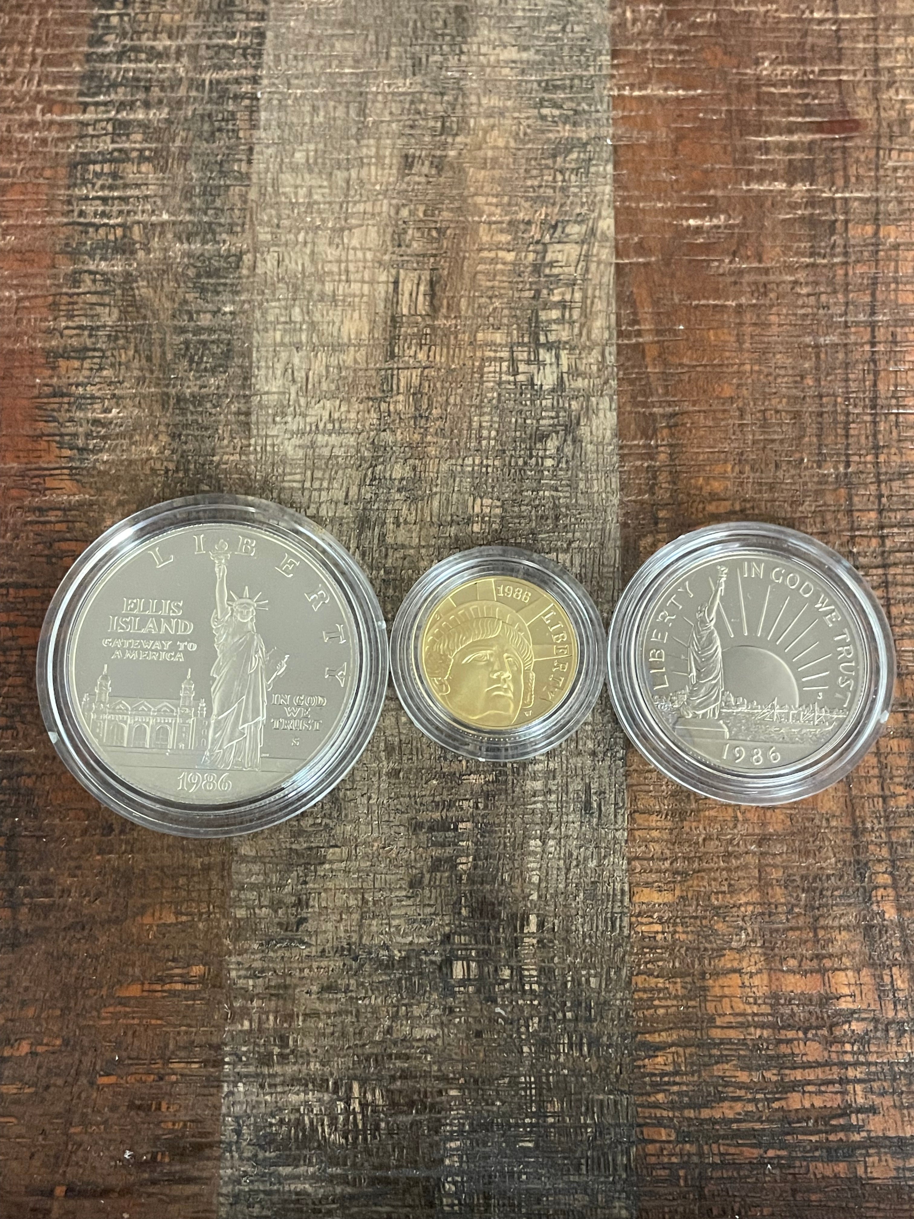 1986-S US Mint Proof Liberty 3 Coin Set Silver Dollar, $5 Gold coin, & Clad Half Dollar