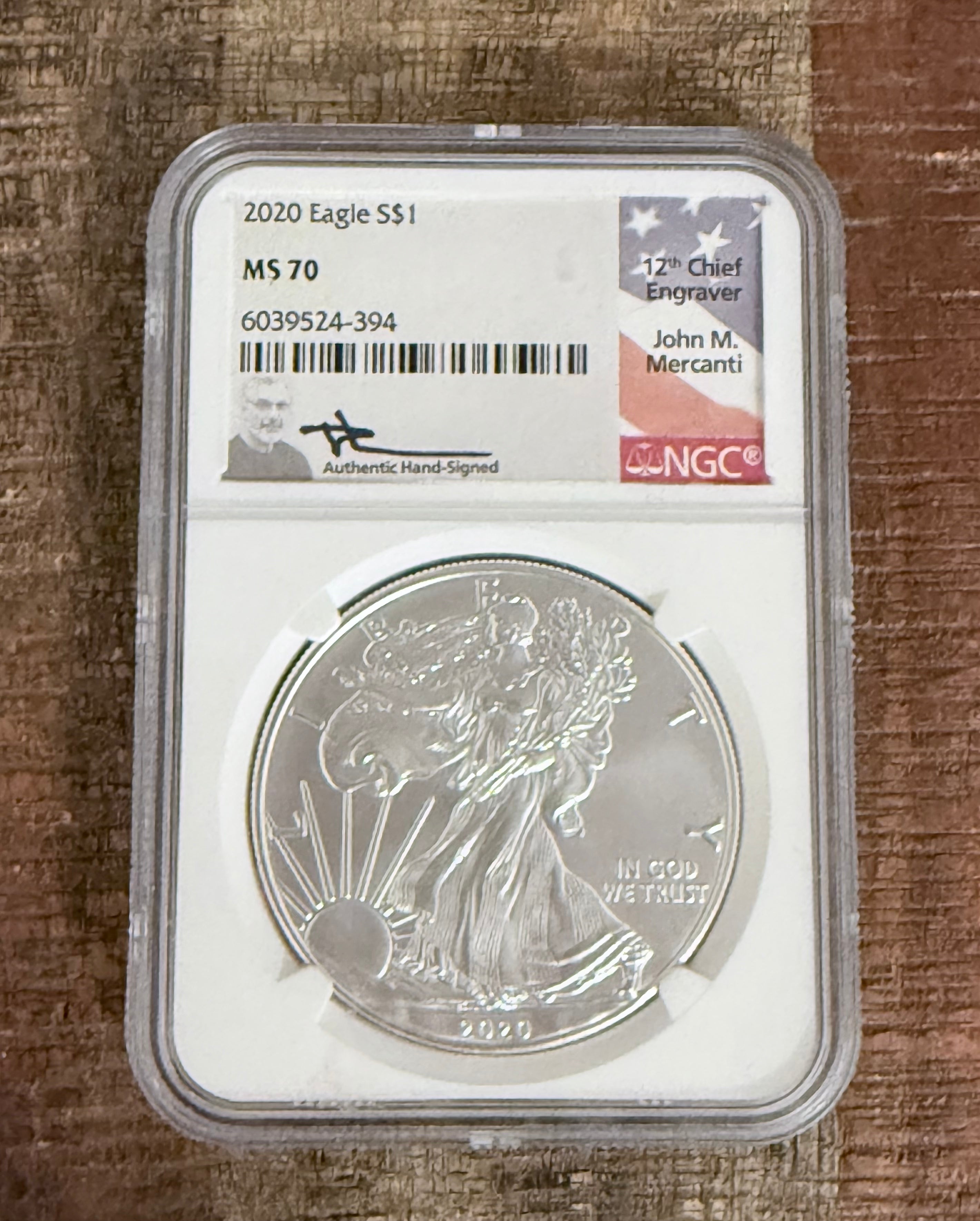 2020 $1 American Silver Eagle NGC MS70 Signed by John Mercanti