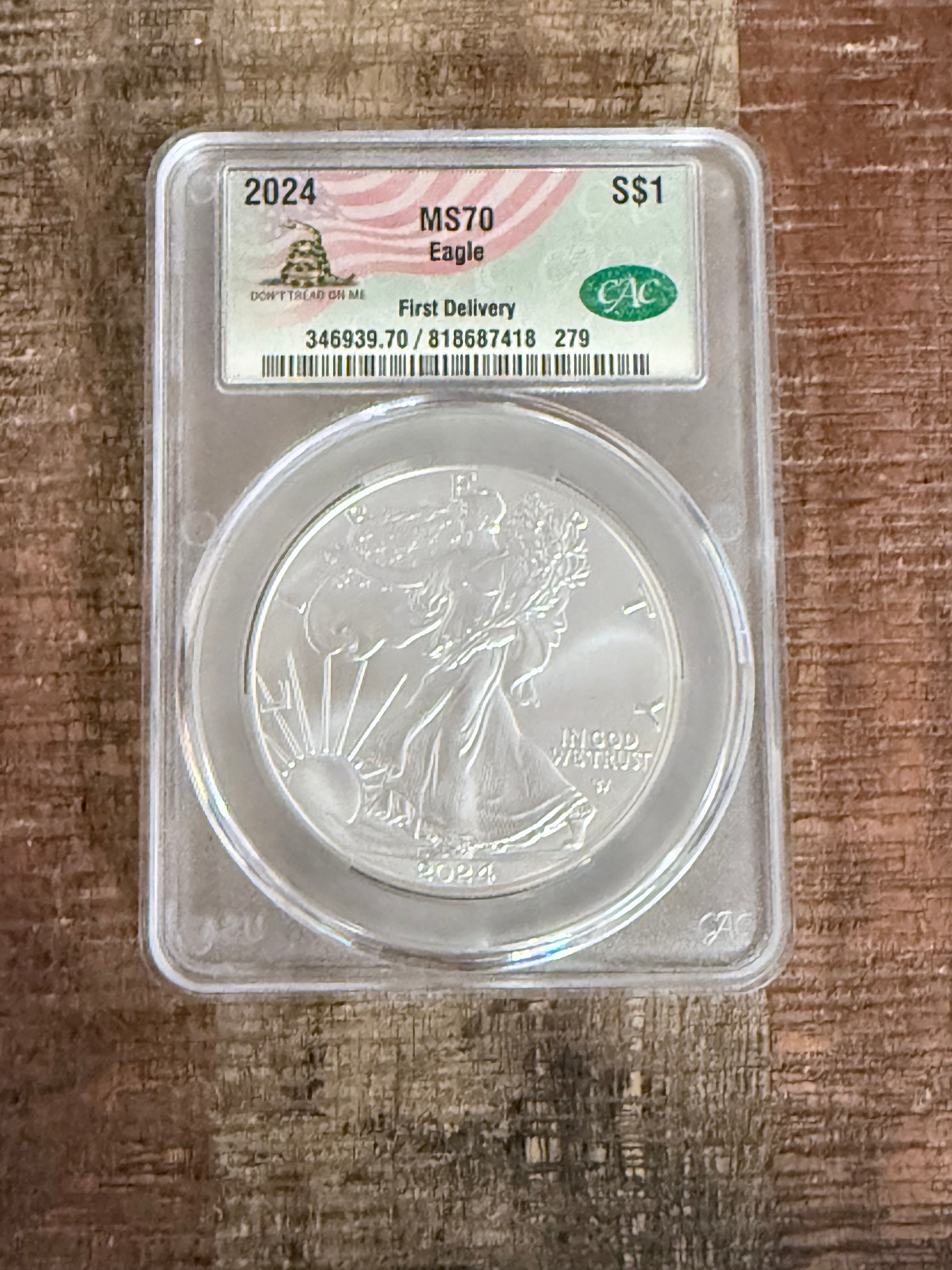 2024 W $1 US American Silver Eagle ~ CAC MS70 ~ First Delivery ~ Don't Tread on Me Label