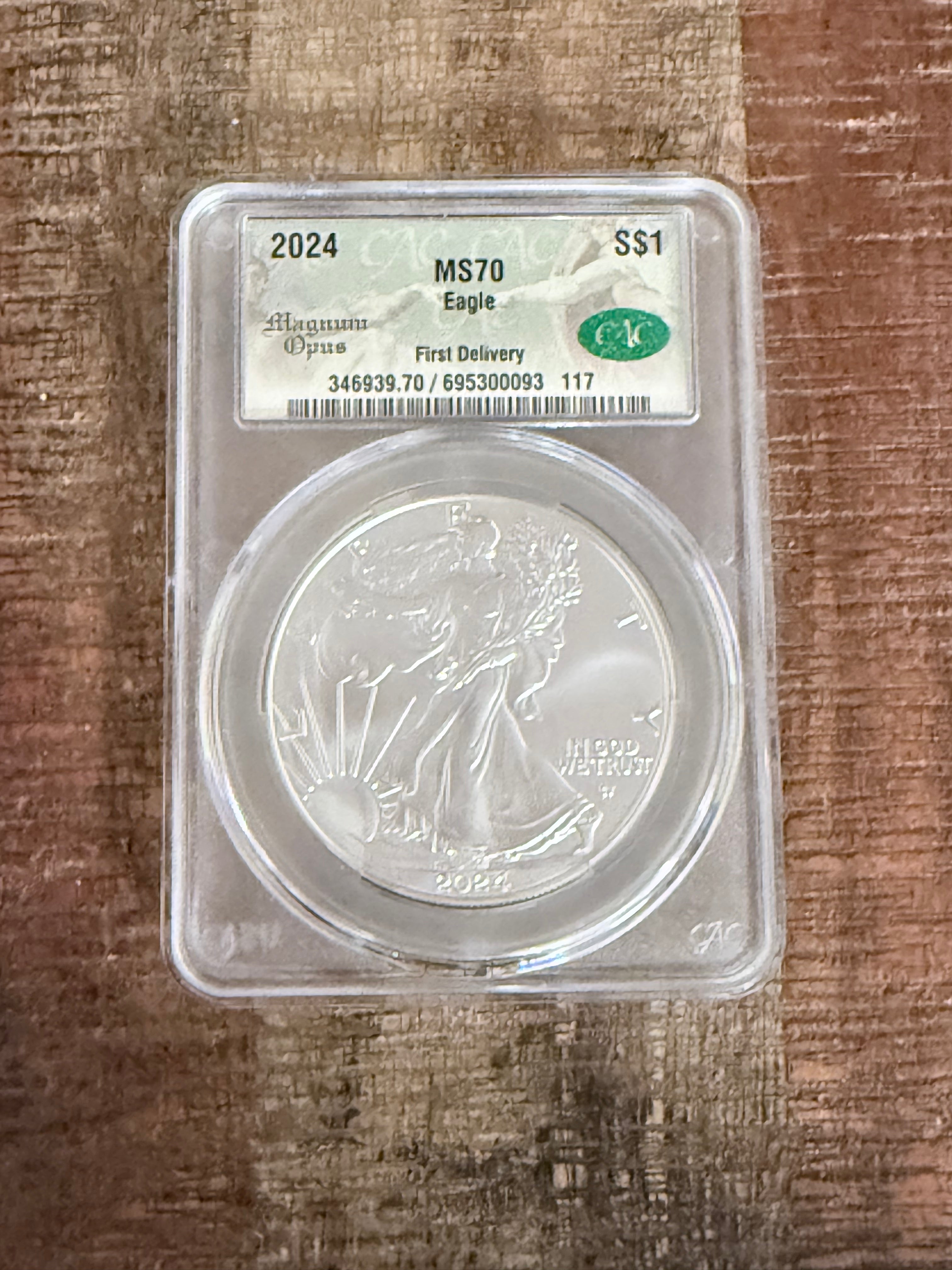 2024 W $1 US American Silver Eagle ~ CAC MS70 ~ First Delivery ~ Magnum Opus Label