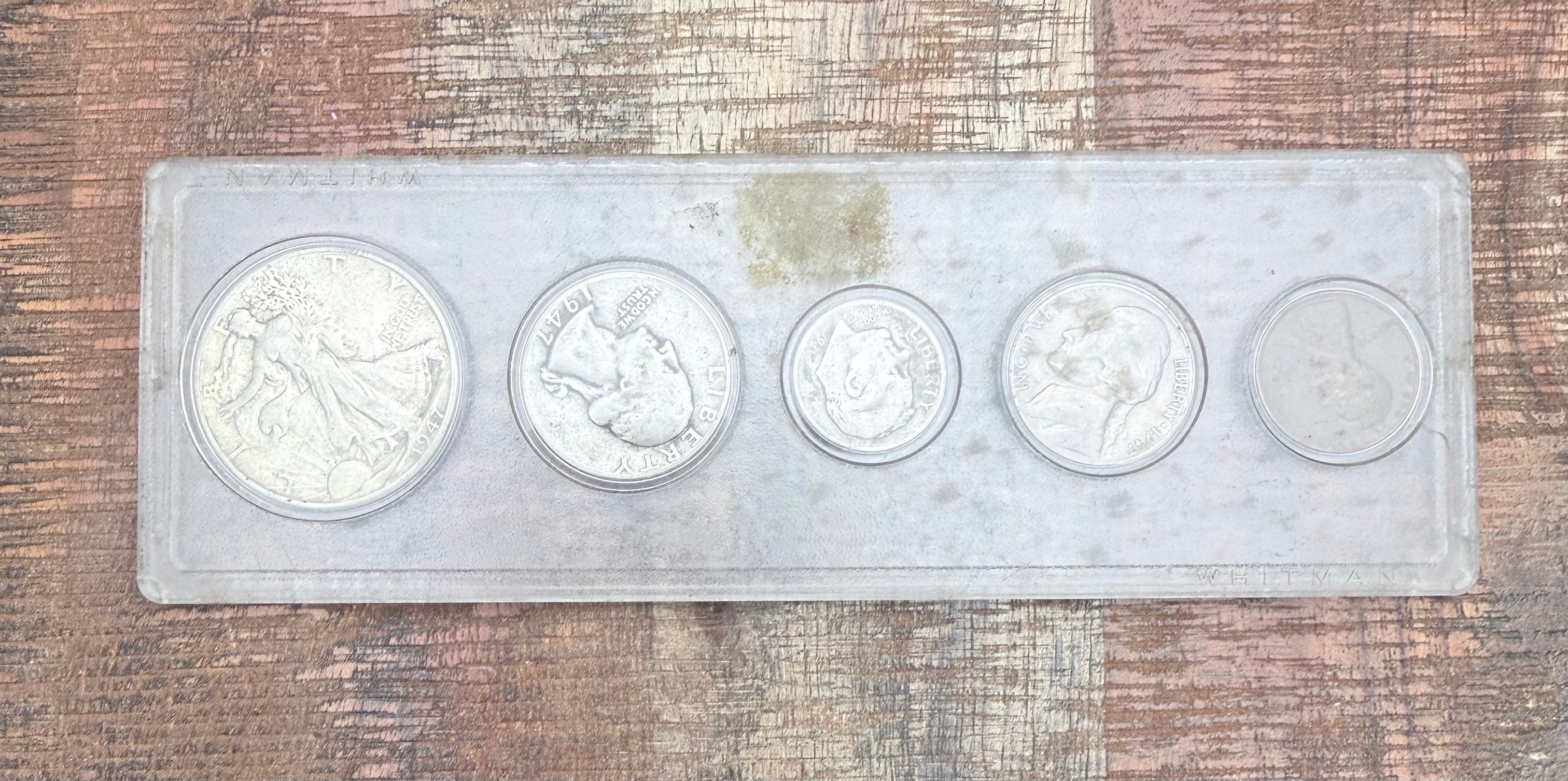 1947 Birth Year Set, 5 coin set with 90% Silver Half Dollar, Quarter, & Dime.