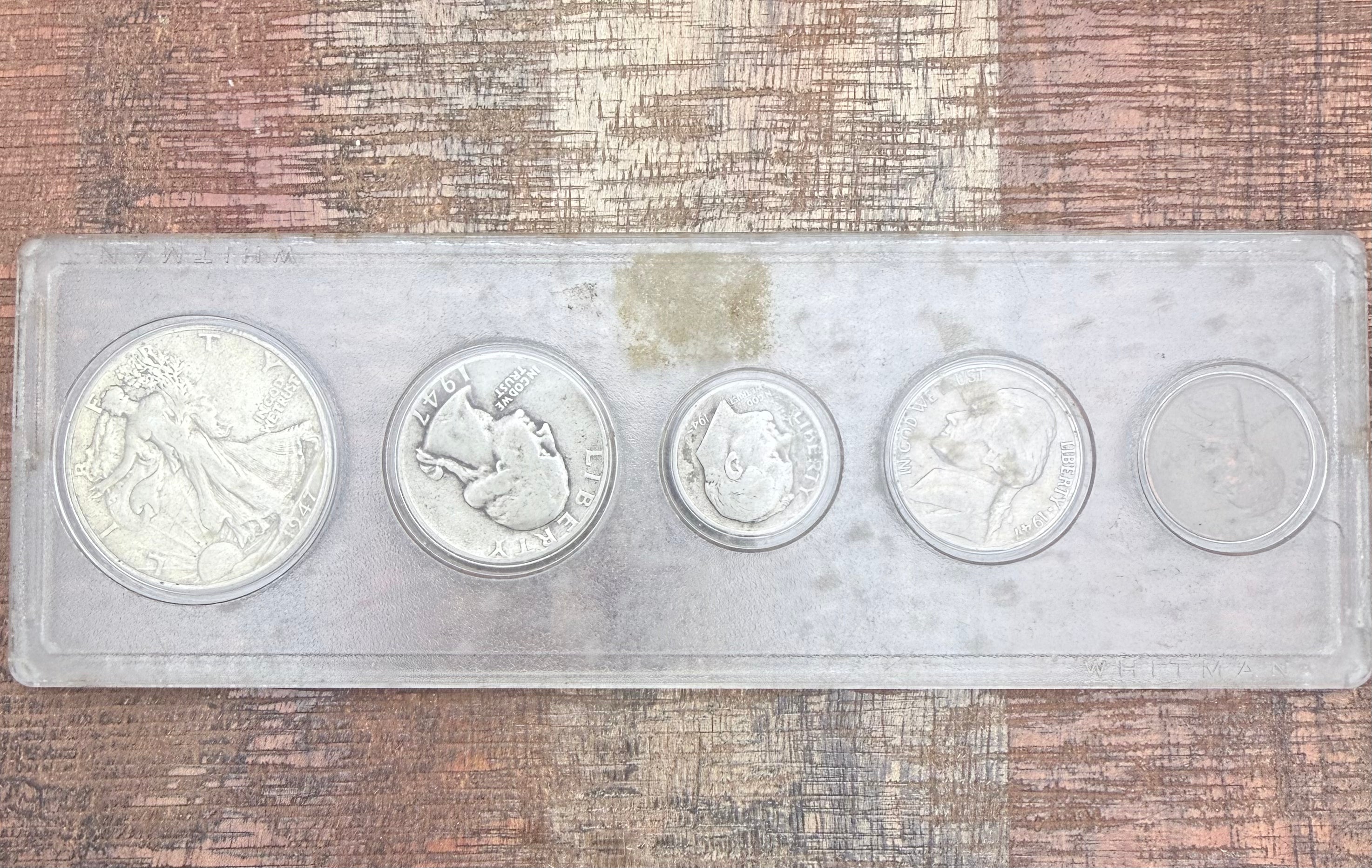 1947 Birth Year Set, 5 coin set with 90% Silver Half Dollar, Quarter, & Dime.
